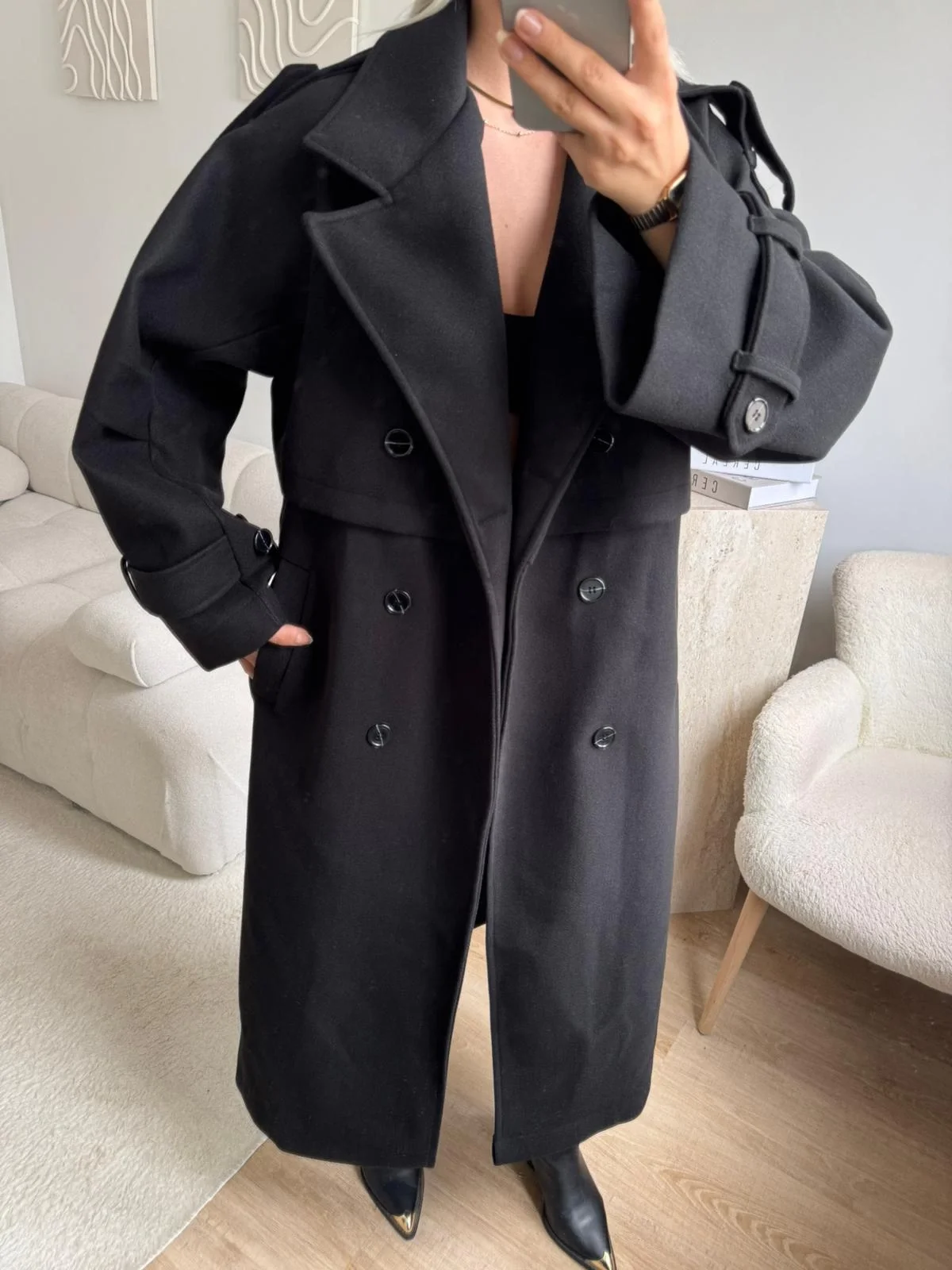 Beli Kuşaklı Kaşe Kaban - SİYAH