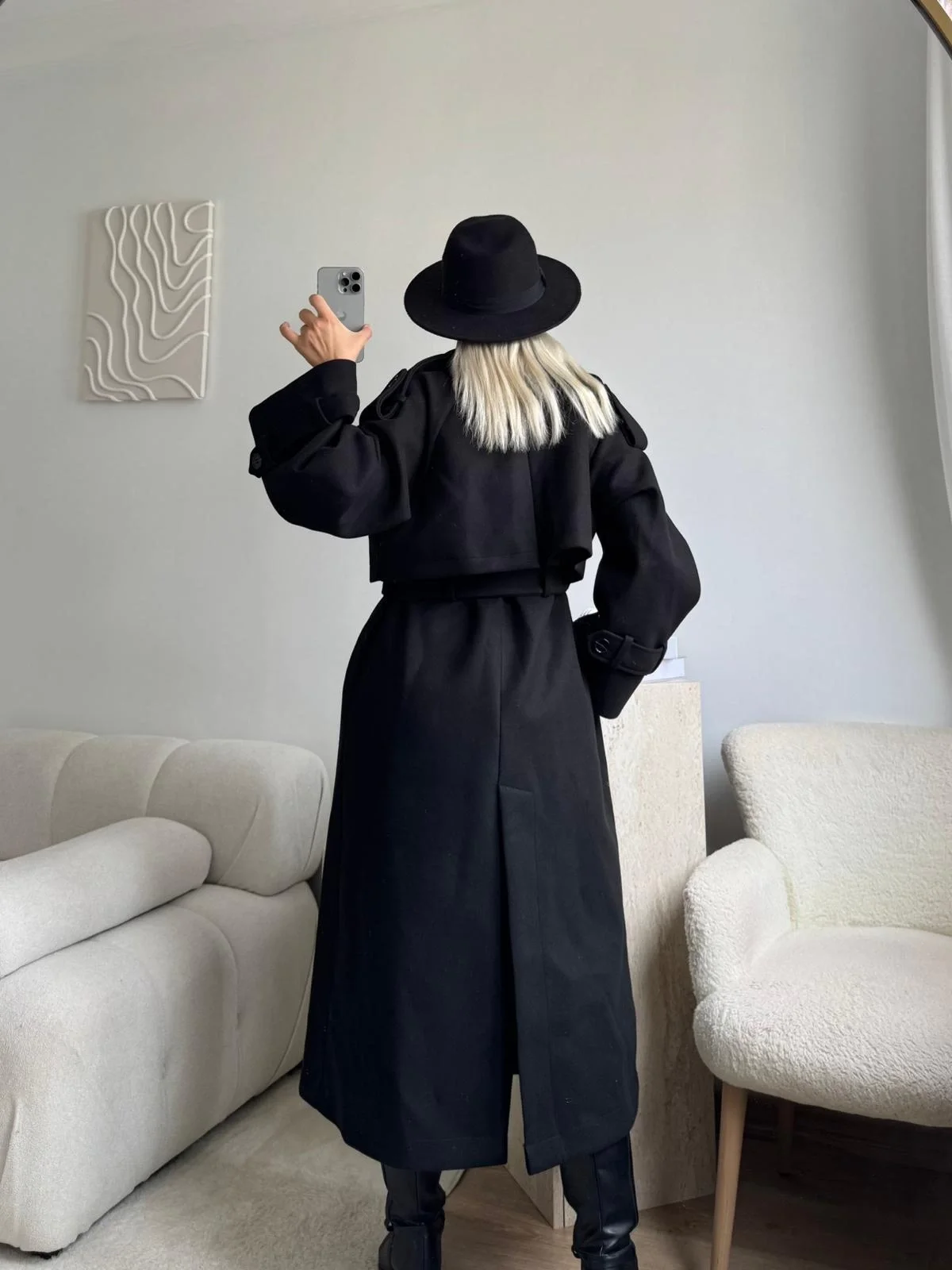 Beli Kuşaklı Kaşe Kaban - SİYAH