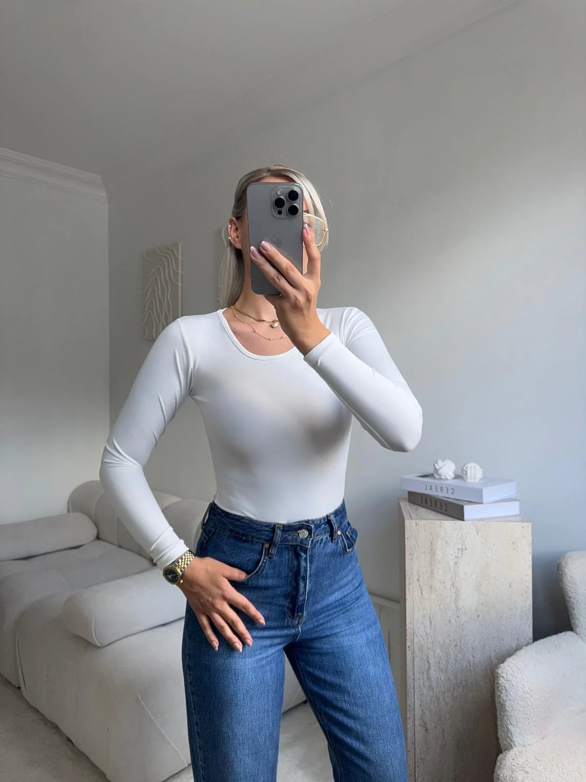 Bisiklet Yaka Bodysuit - BEYAZ