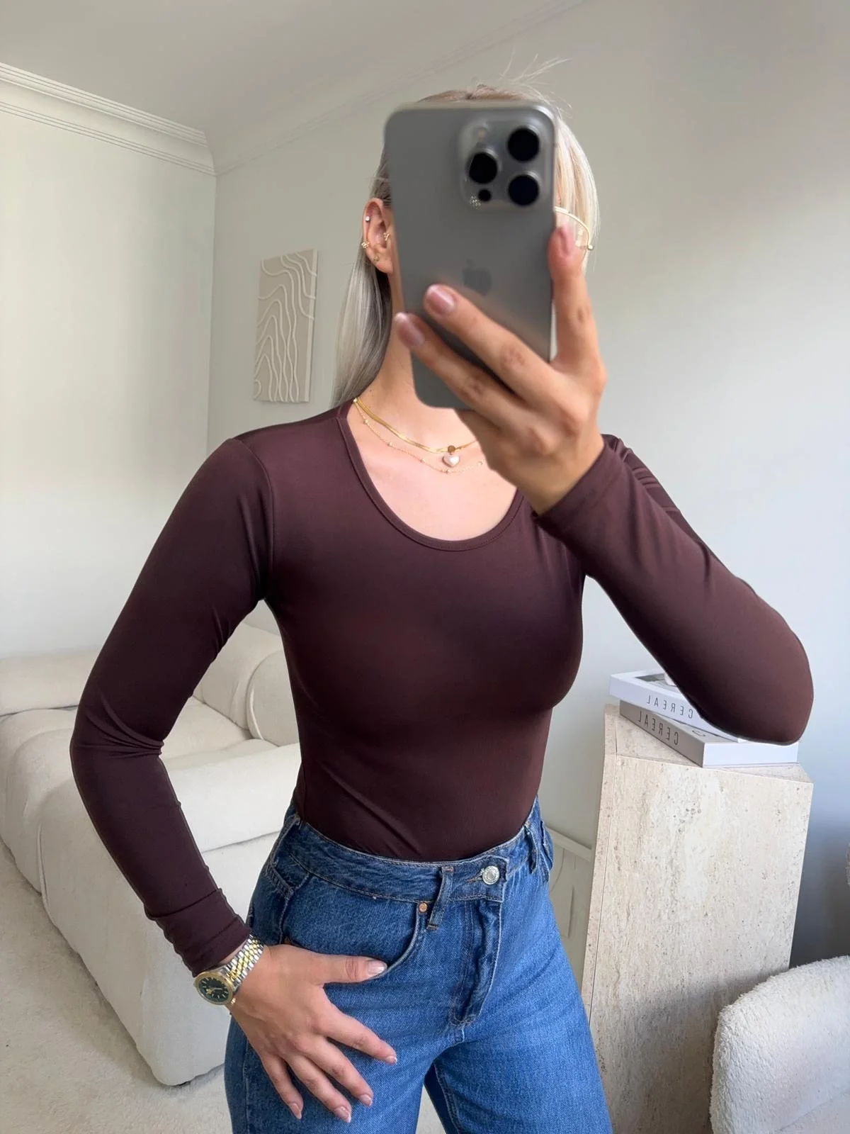 Bisiklet Yaka Bodysuit - KAHVE