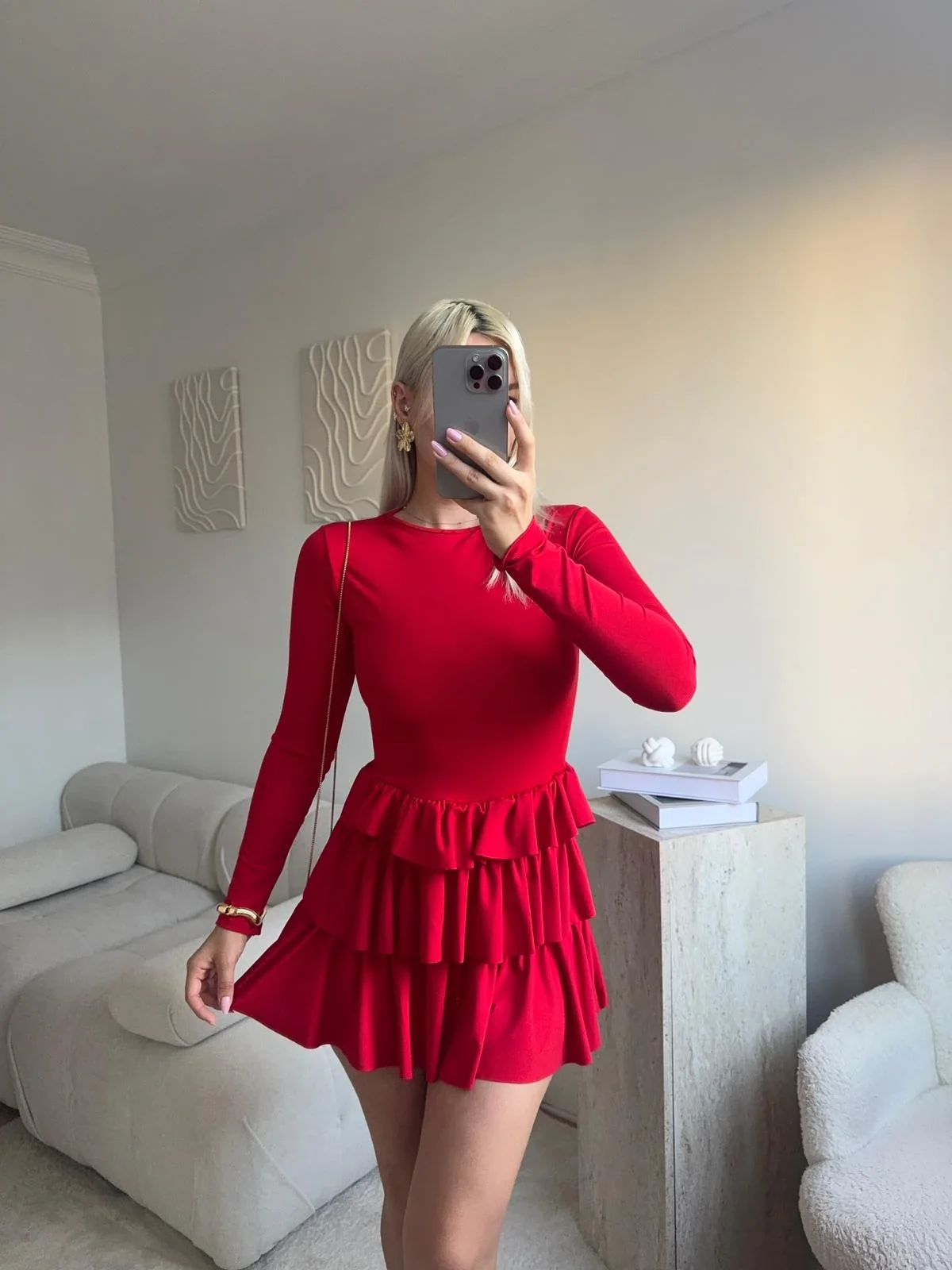 Bisiklet Yaka Fırfırlı Elbise - KIRMIZI