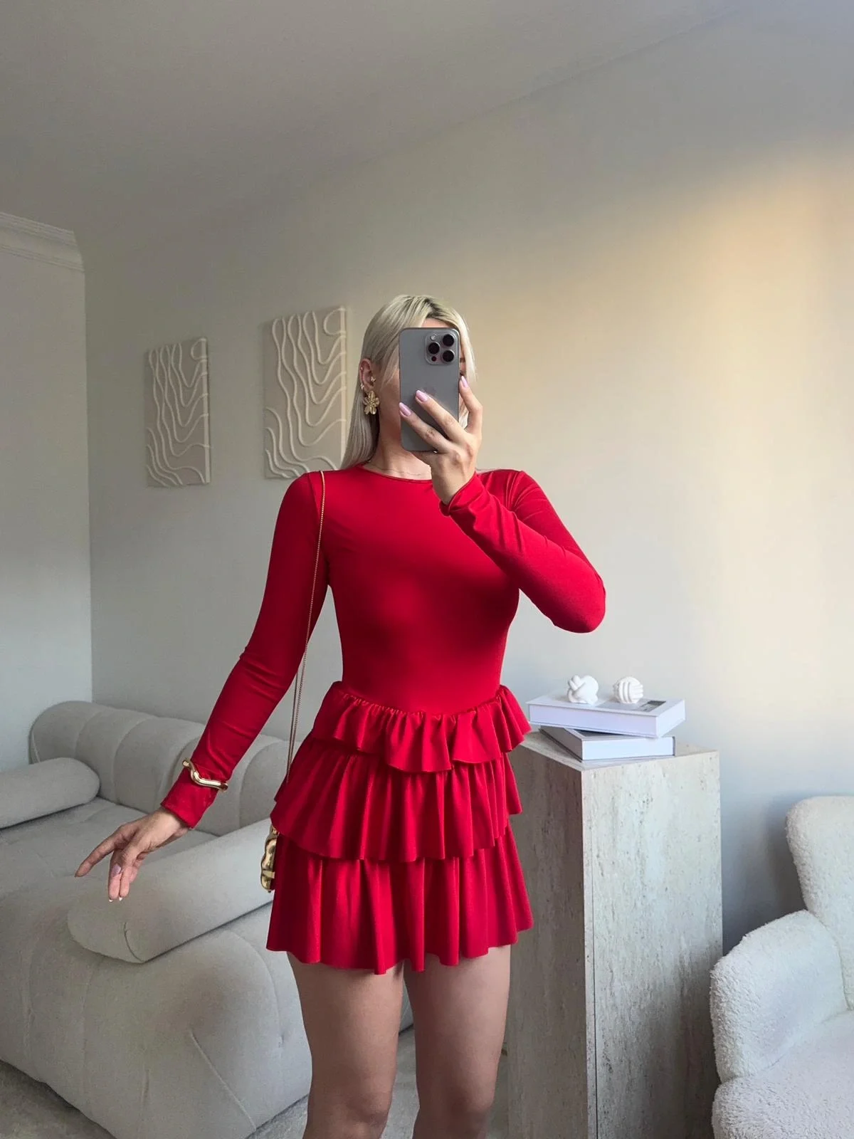 Bisiklet Yaka Fırfırlı Elbise - KIRMIZI