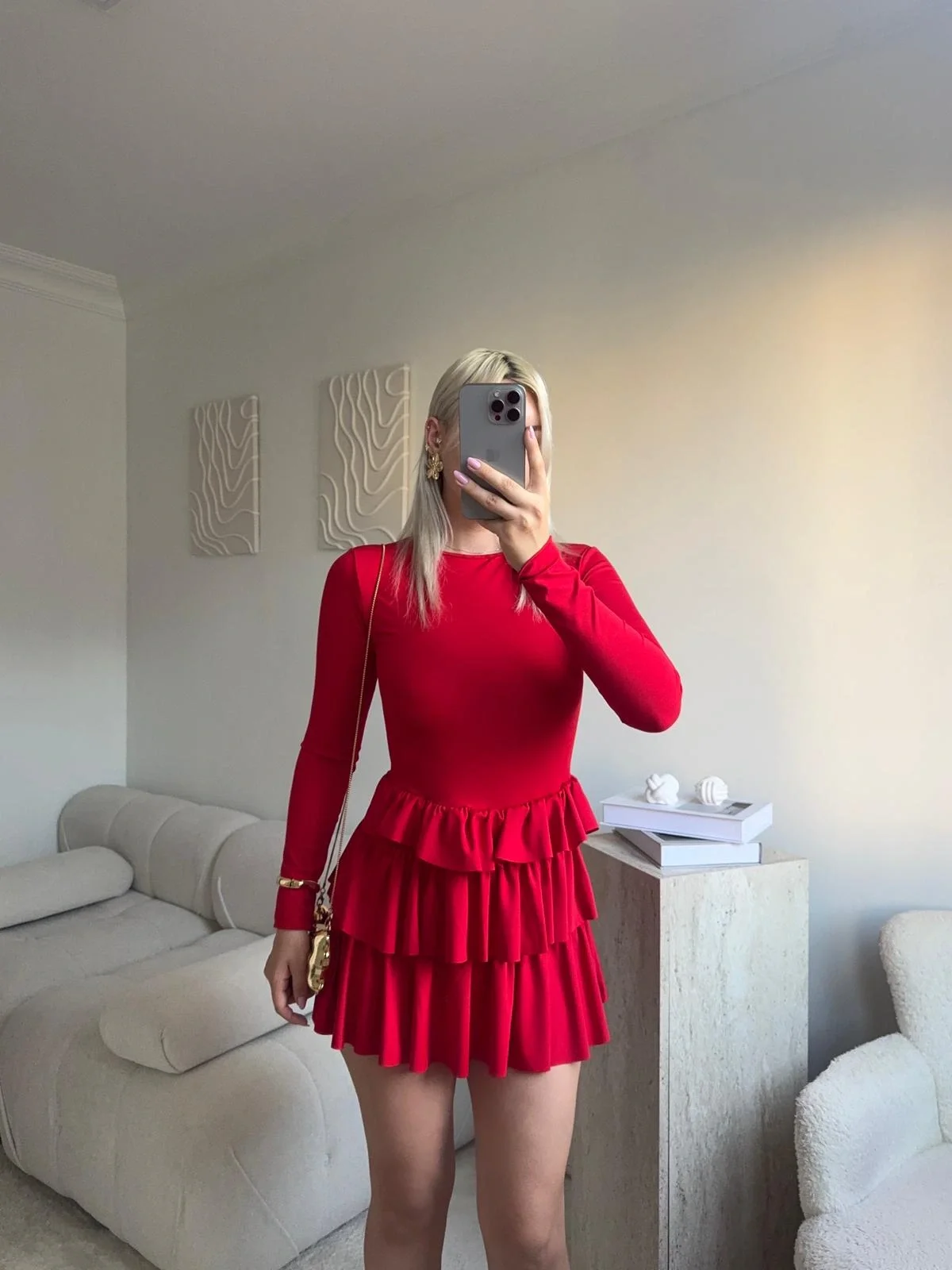 Bisiklet Yaka Fırfırlı Elbise - KIRMIZI