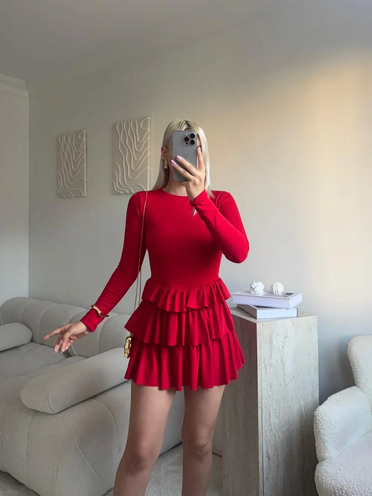 Bisiklet Yaka Fırfırlı Elbise - KIRMIZI