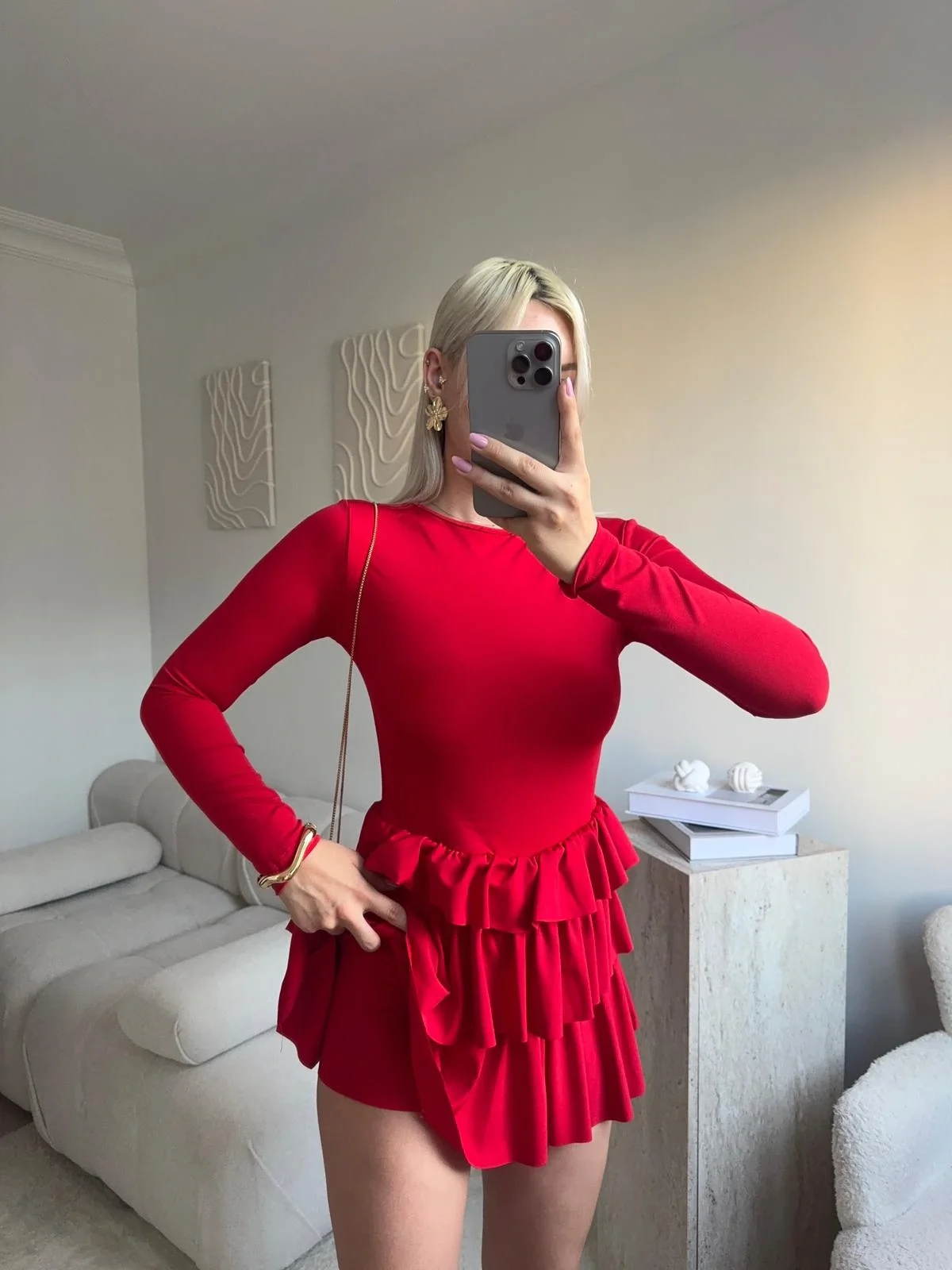 Bisiklet Yaka Fırfırlı Elbise - KIRMIZI