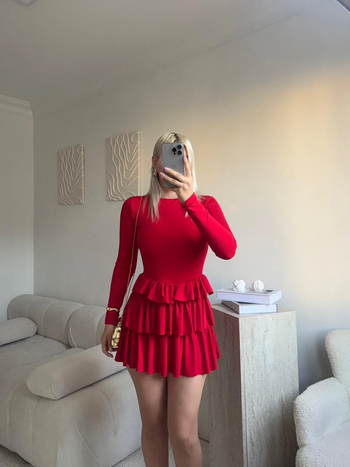 Bisiklet Yaka Fırfırlı Elbise - KIRMIZI