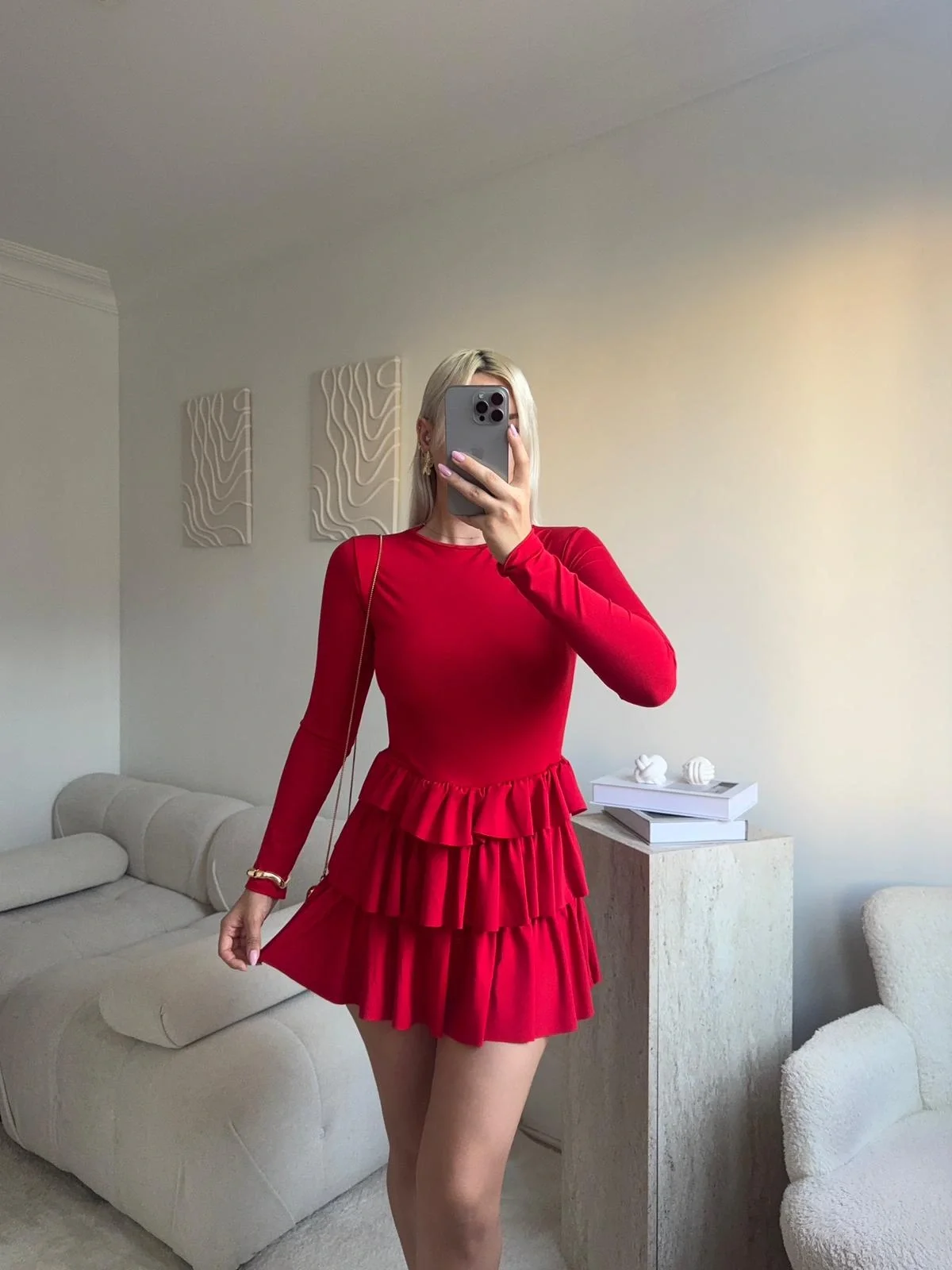 Bisiklet Yaka Fırfırlı Elbise - KIRMIZI