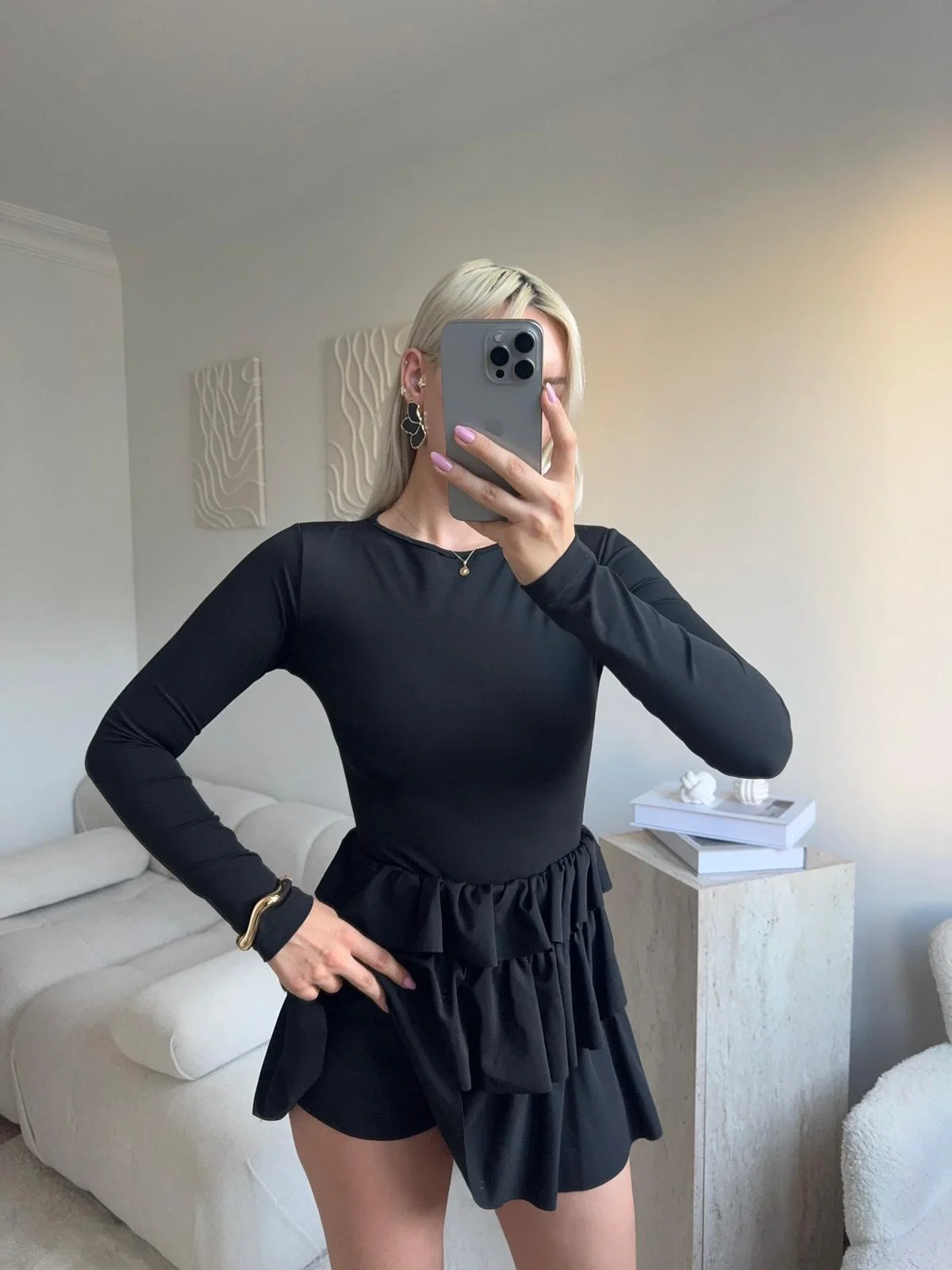 Bisiklet Yaka Fırfırlı Elbise - SİYAH