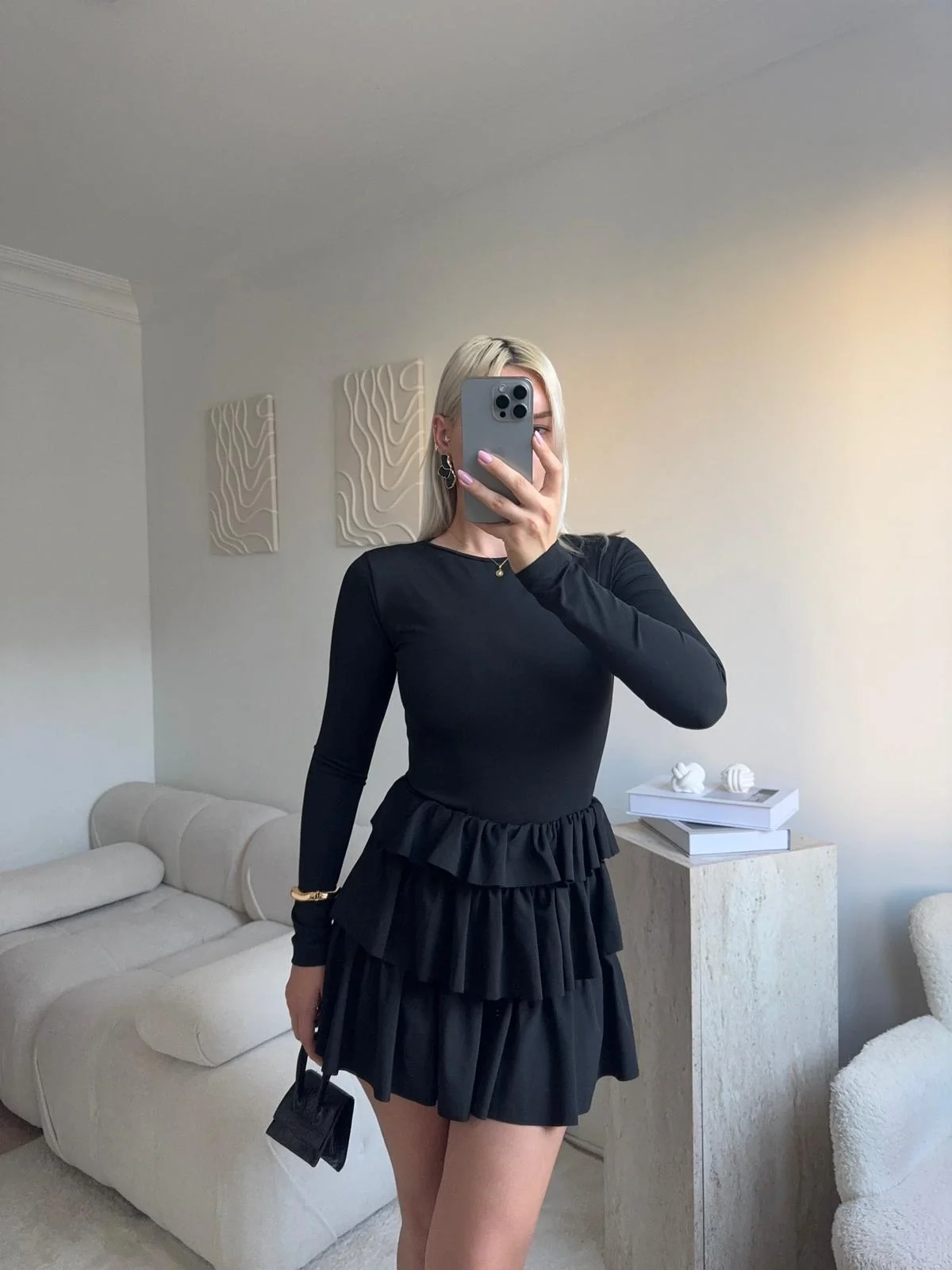 Bisiklet Yaka Fırfırlı Elbise - SİYAH