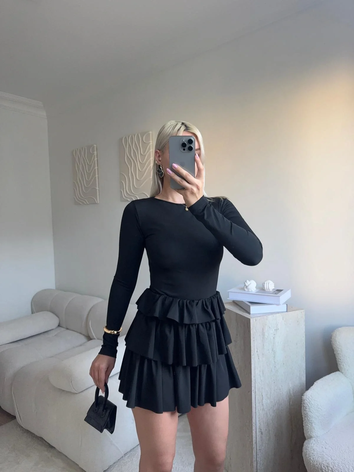 Bisiklet Yaka Fırfırlı Elbise - SİYAH