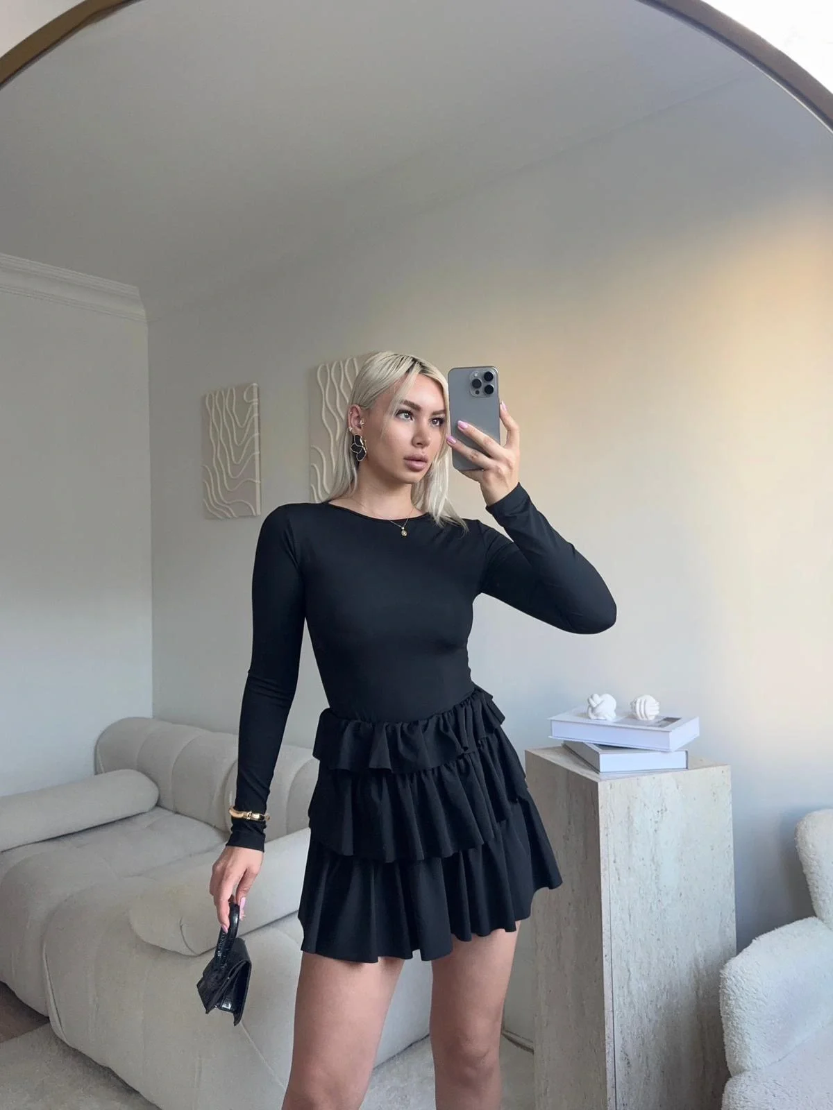 Bisiklet Yaka Fırfırlı Elbise - SİYAH