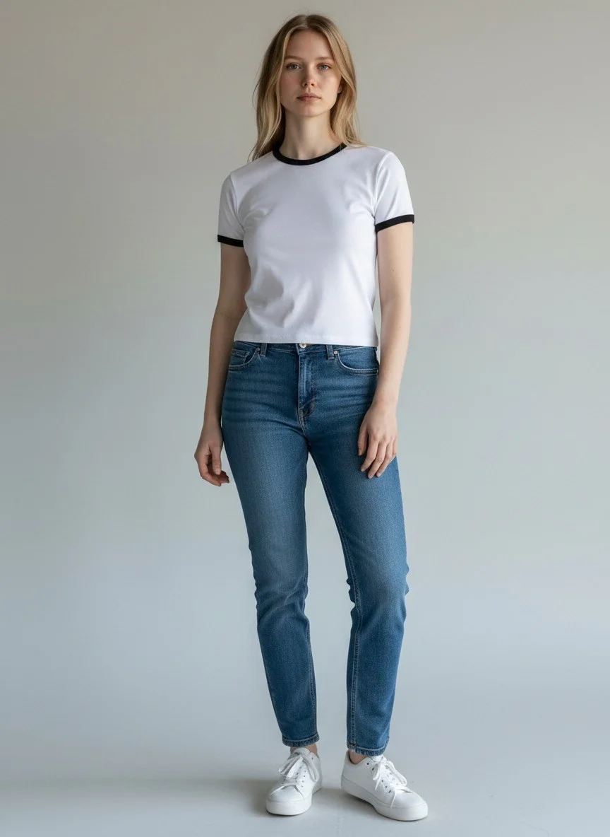 Biyeli Crop Tişört - BEYAZ
