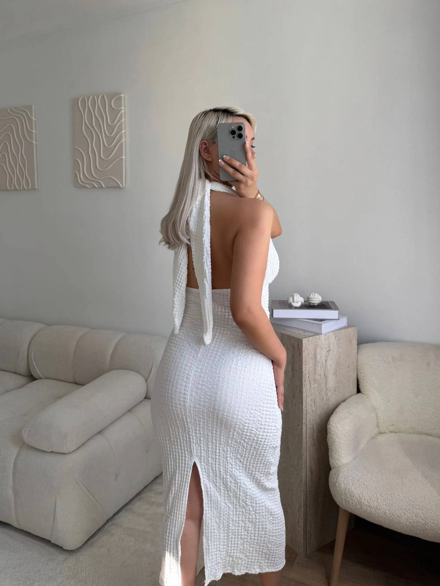 Boyun Bağlamalı Gofre Elbise - BEYAZ