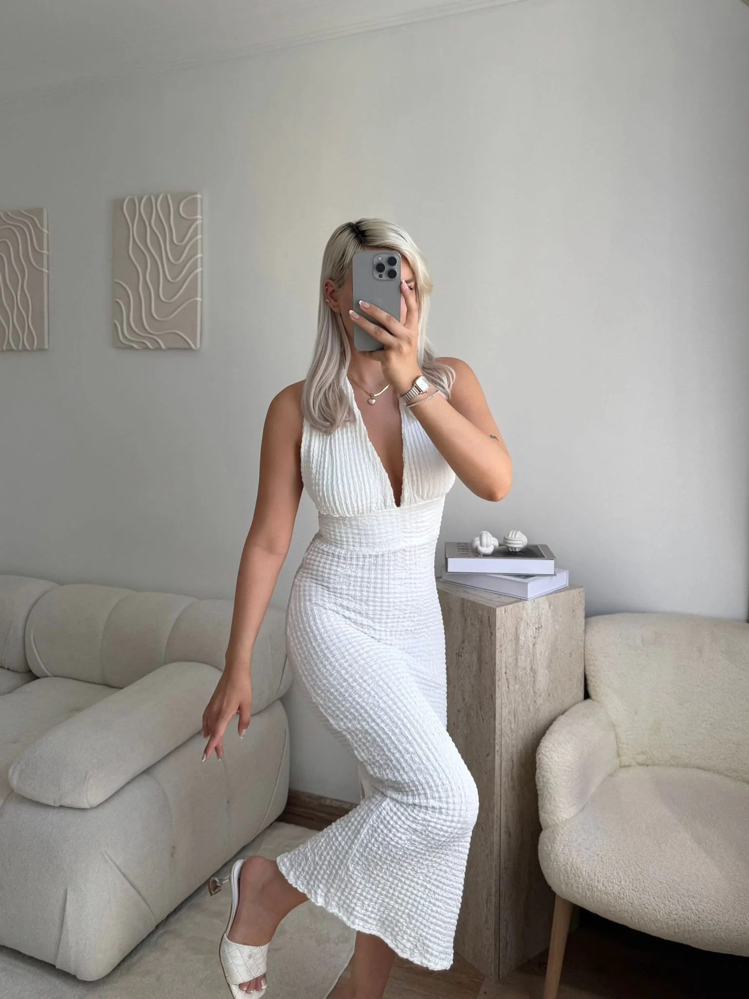 Boyun Bağlamalı Gofre Elbise - BEYAZ