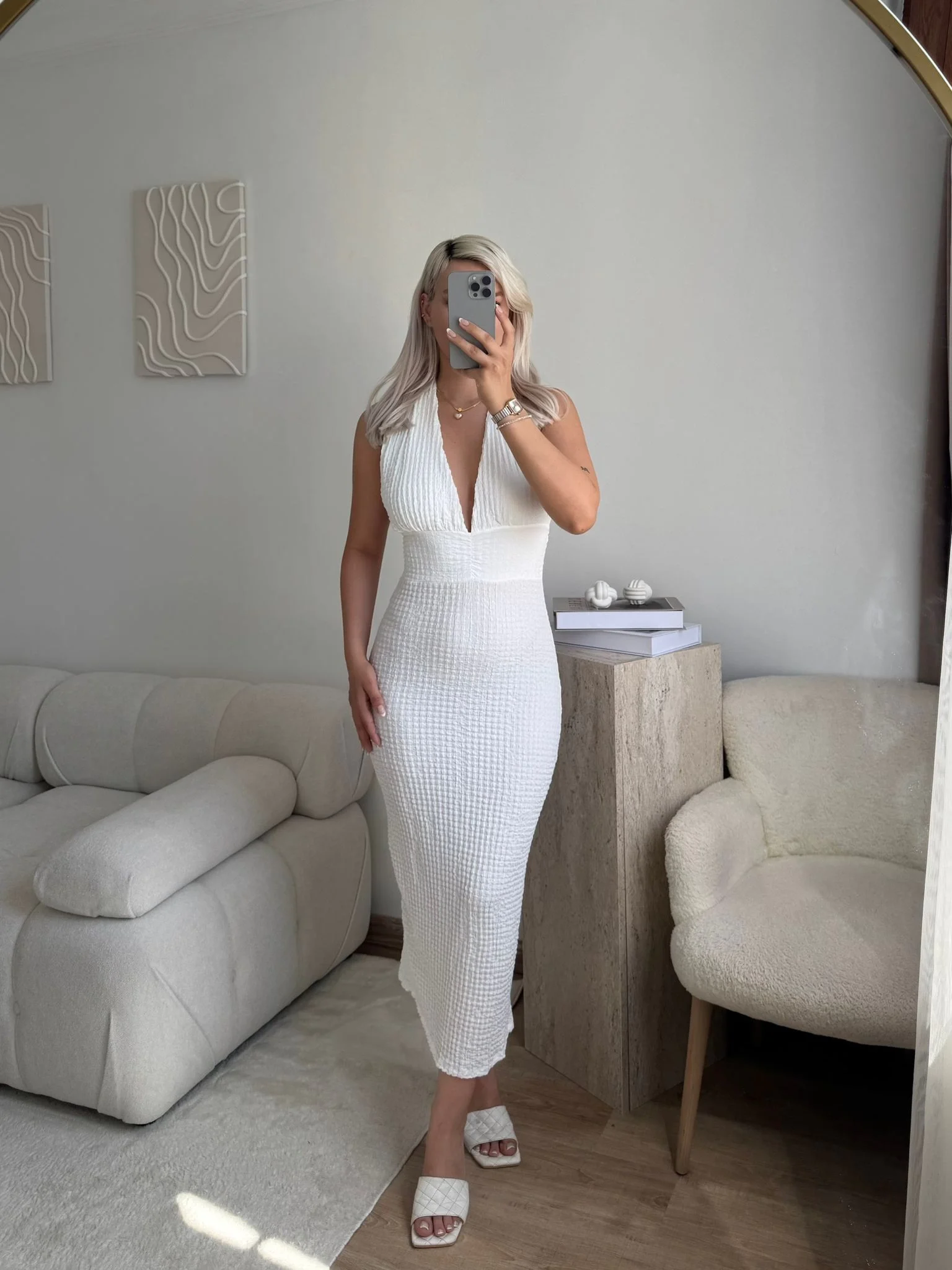 Boyun Bağlamalı Gofre Elbise - BEYAZ