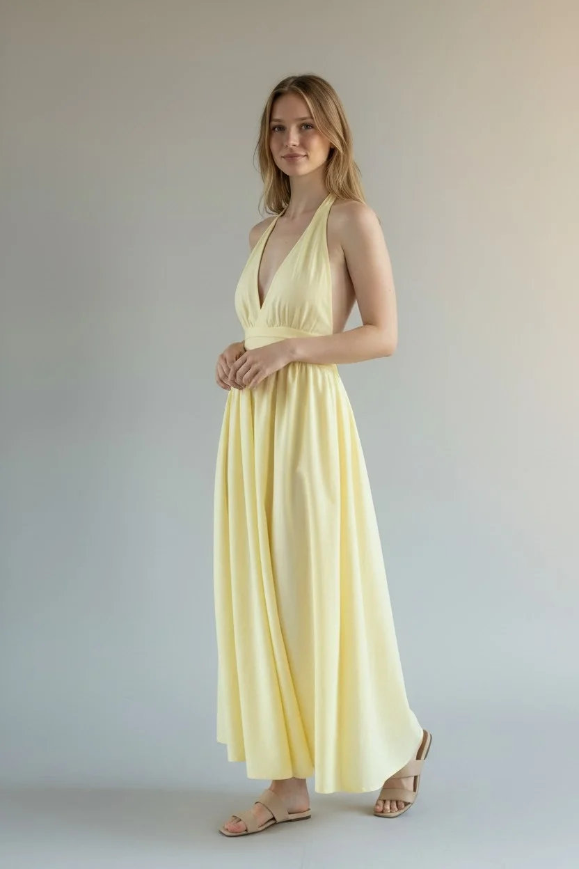 Boyun Bağlamalı Poplin Elbise - SARI