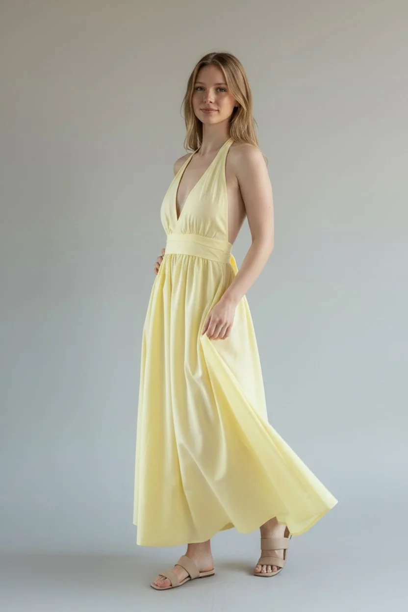 Boyun Bağlamalı Poplin Elbise - SARI