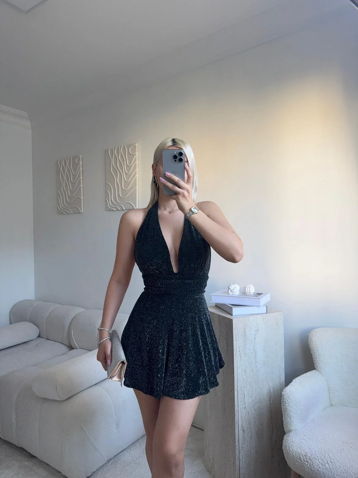 Boyun Bağlamalı Simli Elbise