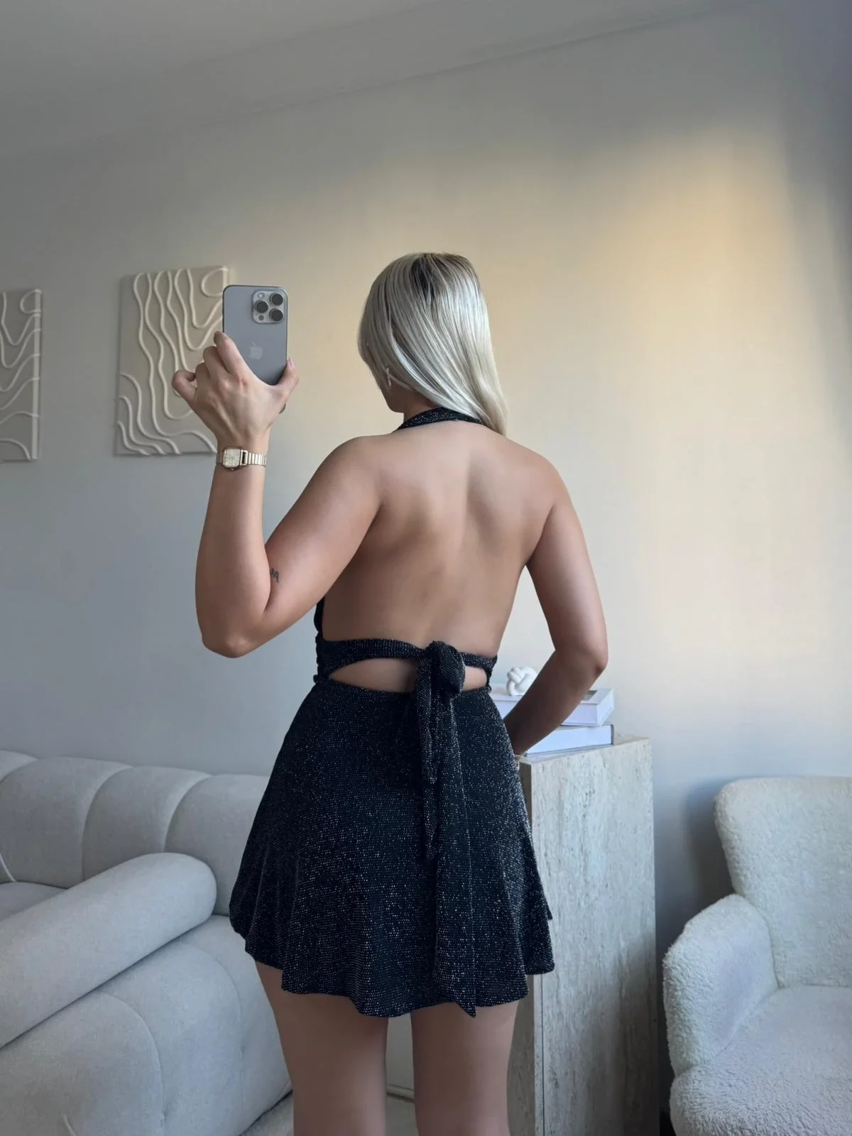 Boyun Bağlamalı Simli Elbise