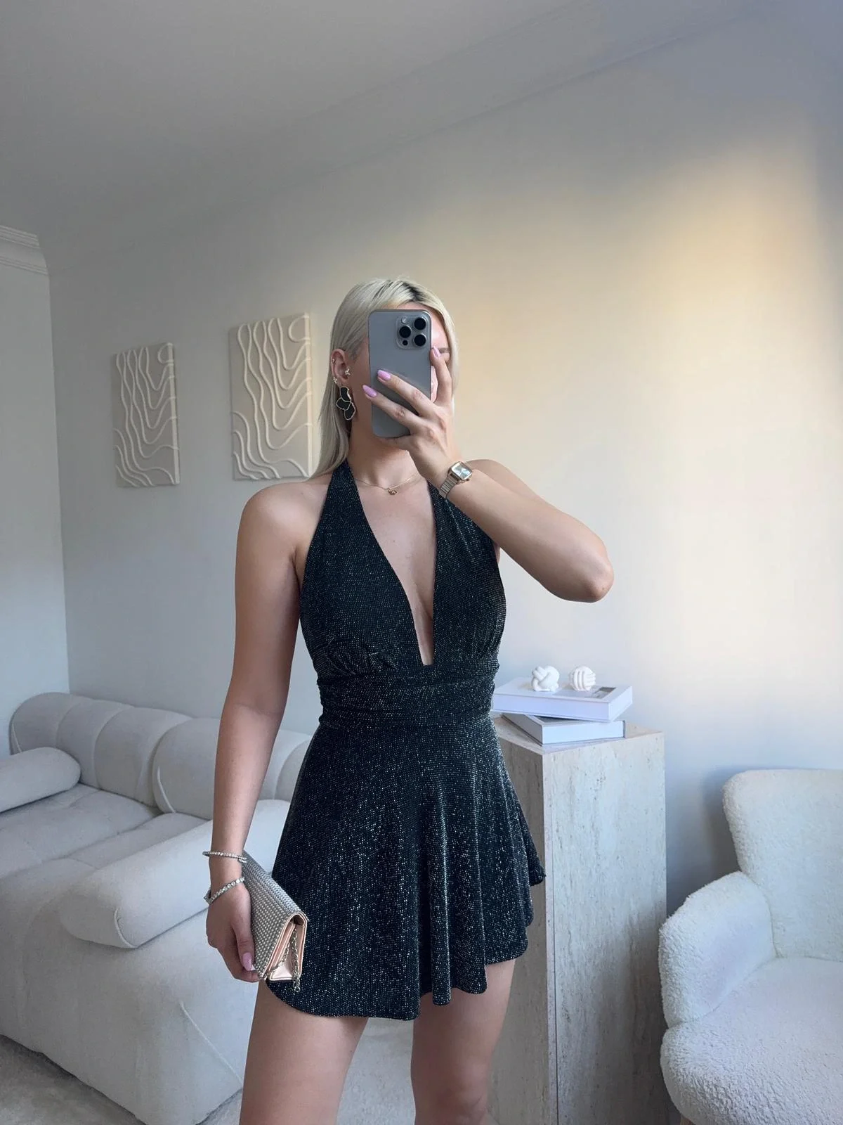 Boyun Bağlamalı Simli Elbise