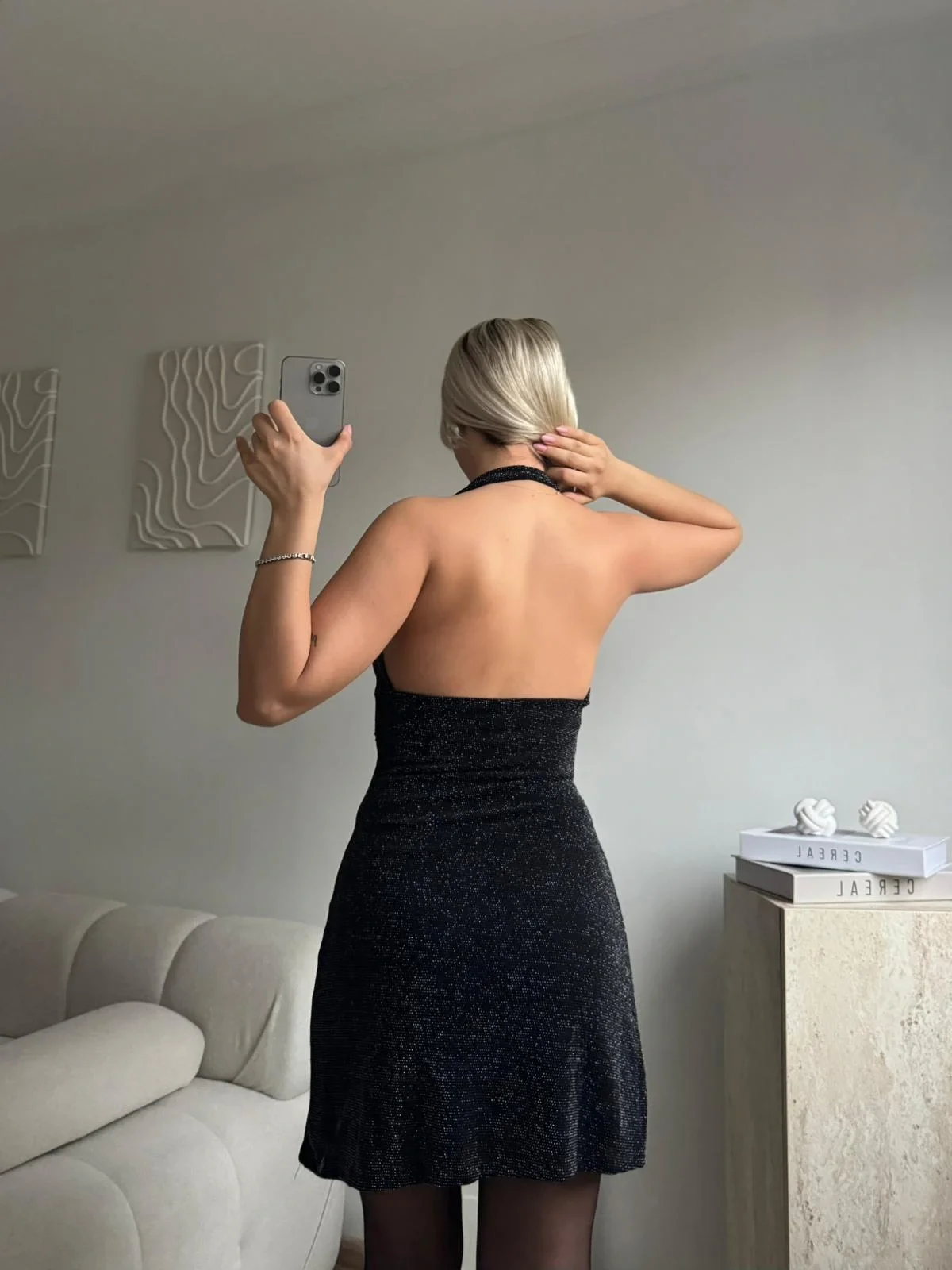 Boyun Bağlamalı Simli Elbise - GÜMÜŞ