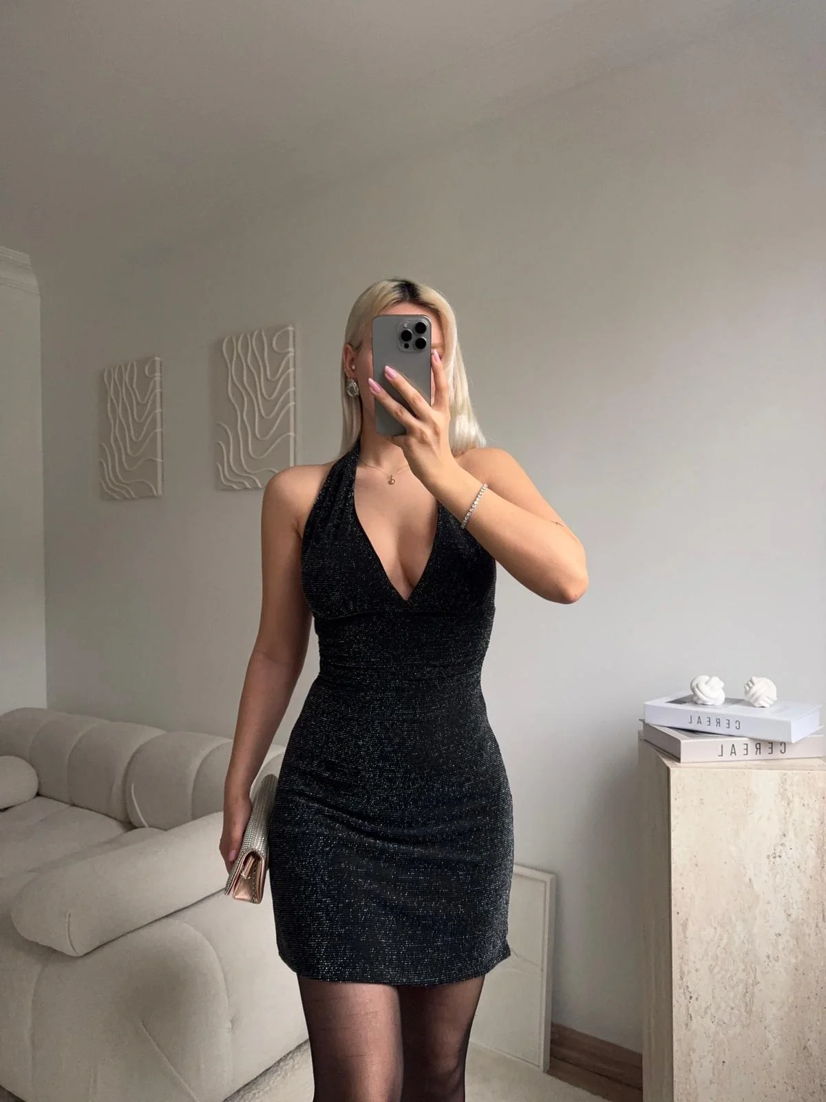 Boyun Bağlamalı Simli Elbise - GÜMÜŞ