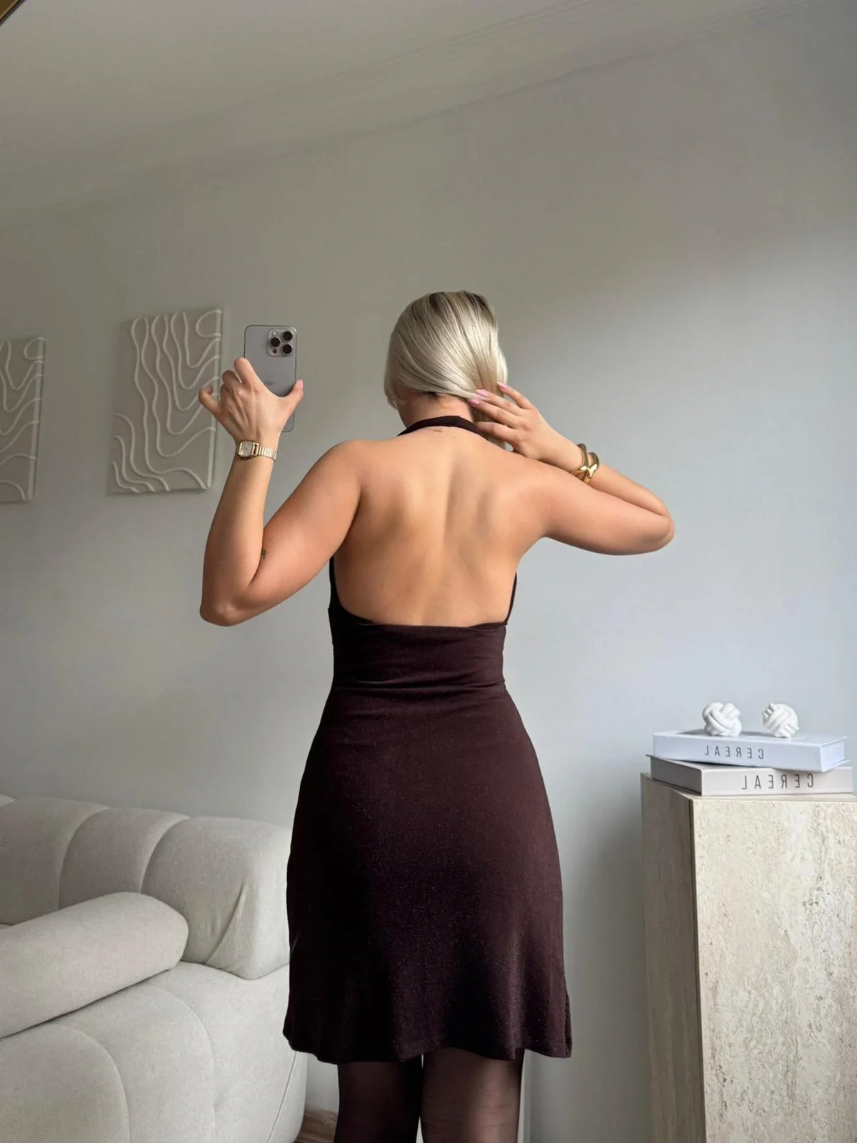 Boyun Bağlamalı Simli Elbise - KAHVE