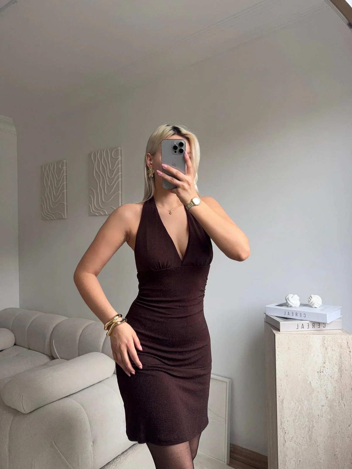 Boyun Bağlamalı Simli Elbise - KAHVE