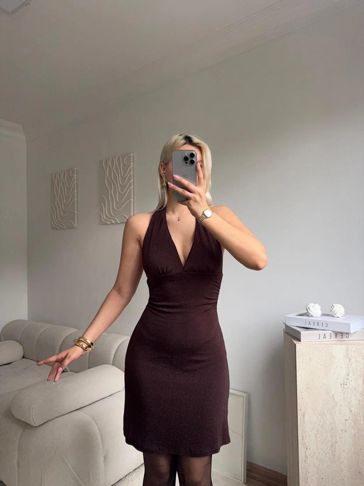 Boyun Bağlamalı Simli Elbise - KAHVE