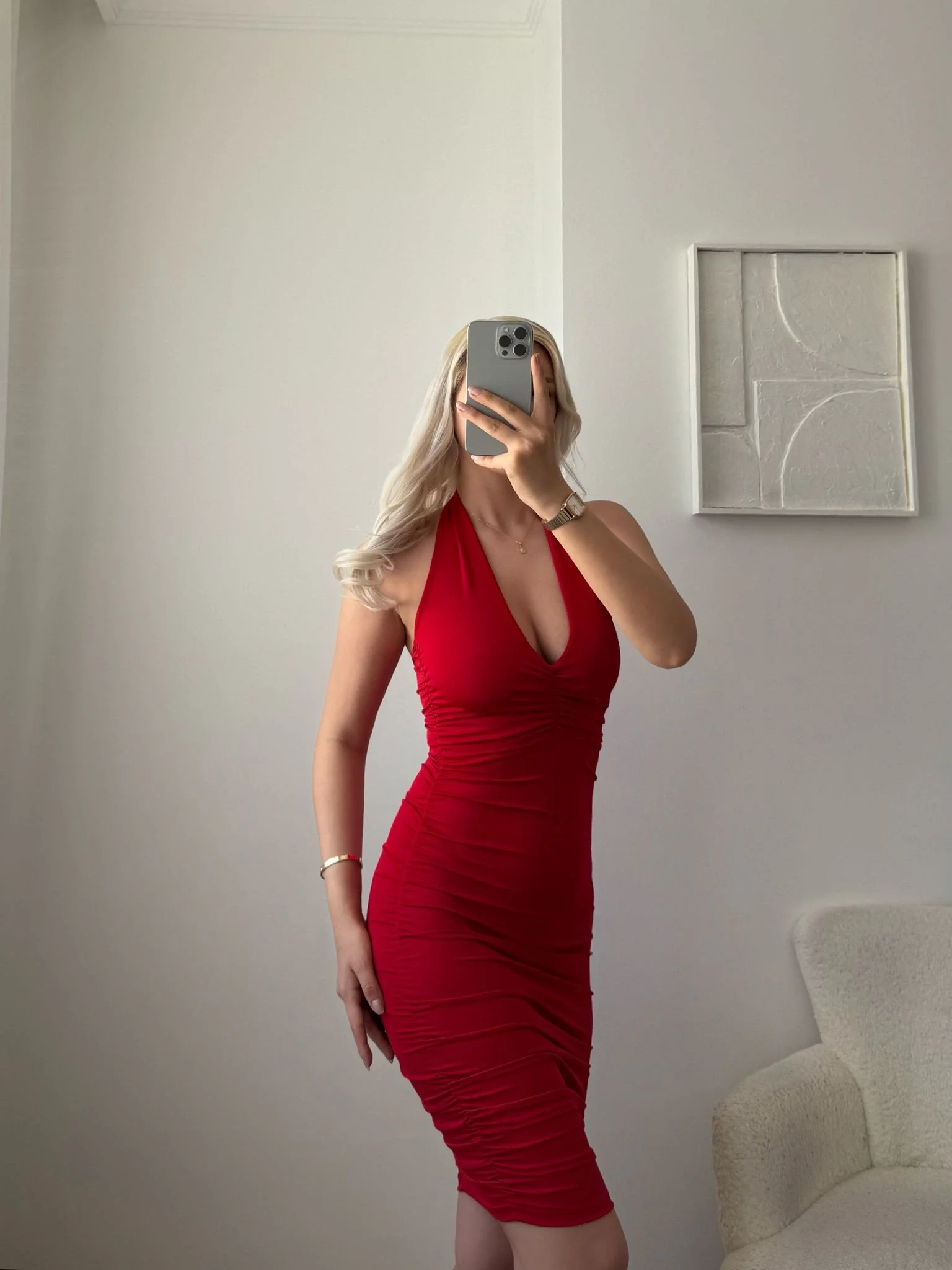 Boyun Bağlamalı Sırt Dekolte Büzgülü Elbise - KIRMIZI