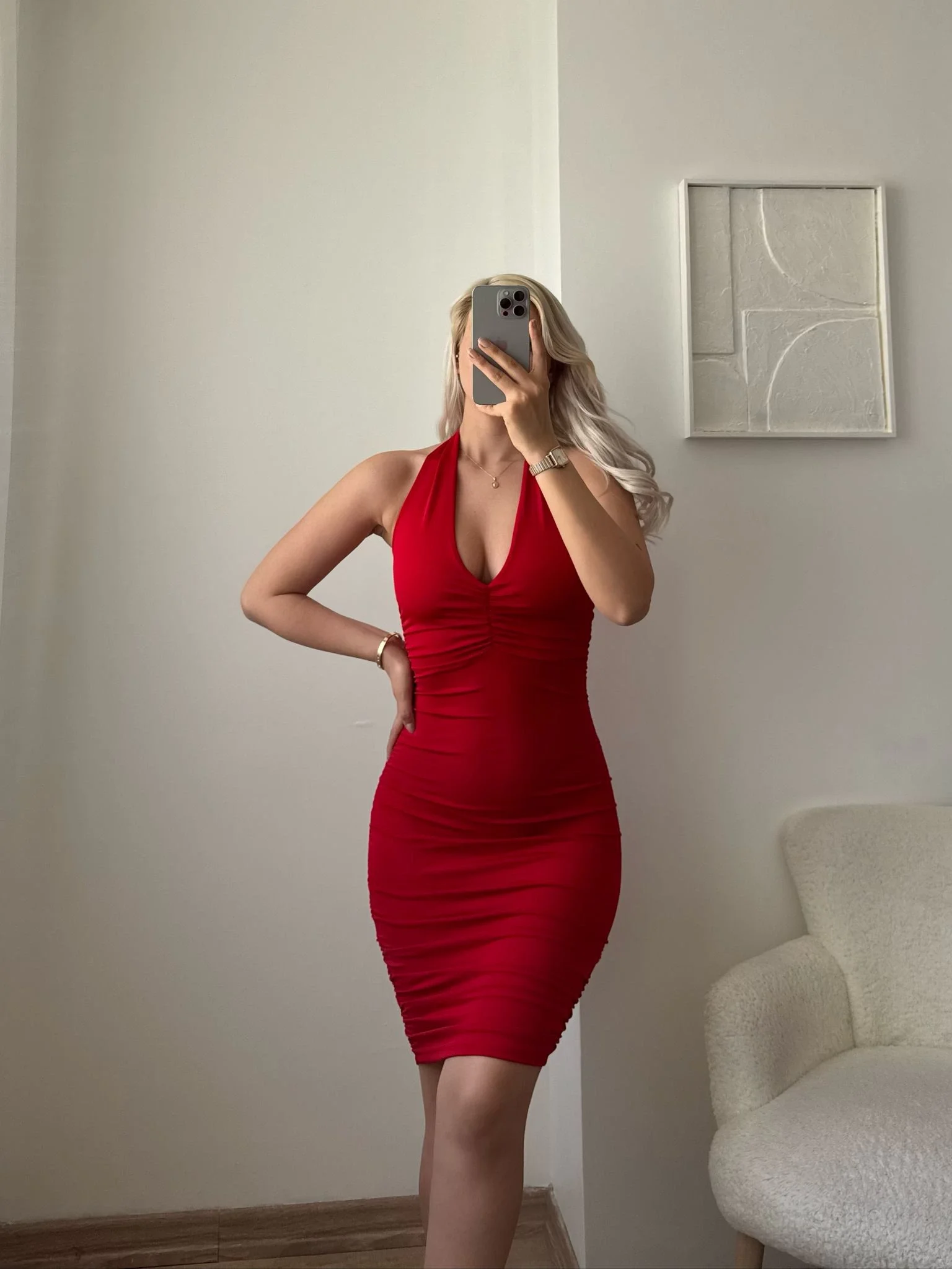 Boyun Bağlamalı Sırt Dekolte Büzgülü Elbise - KIRMIZI