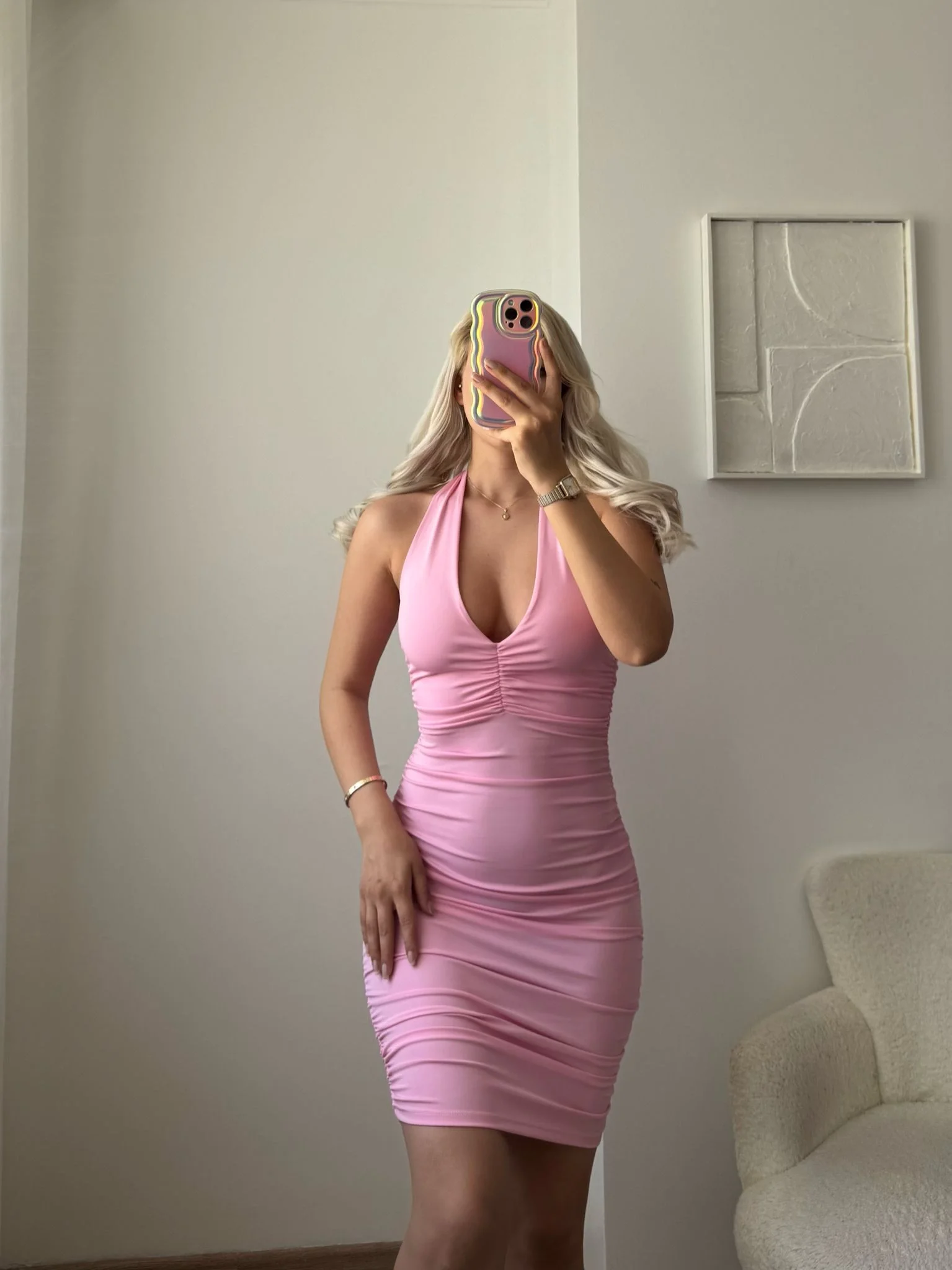 Boyun Bağlamalı Sırt Dekolte Büzgülü Elbise - PEMBE