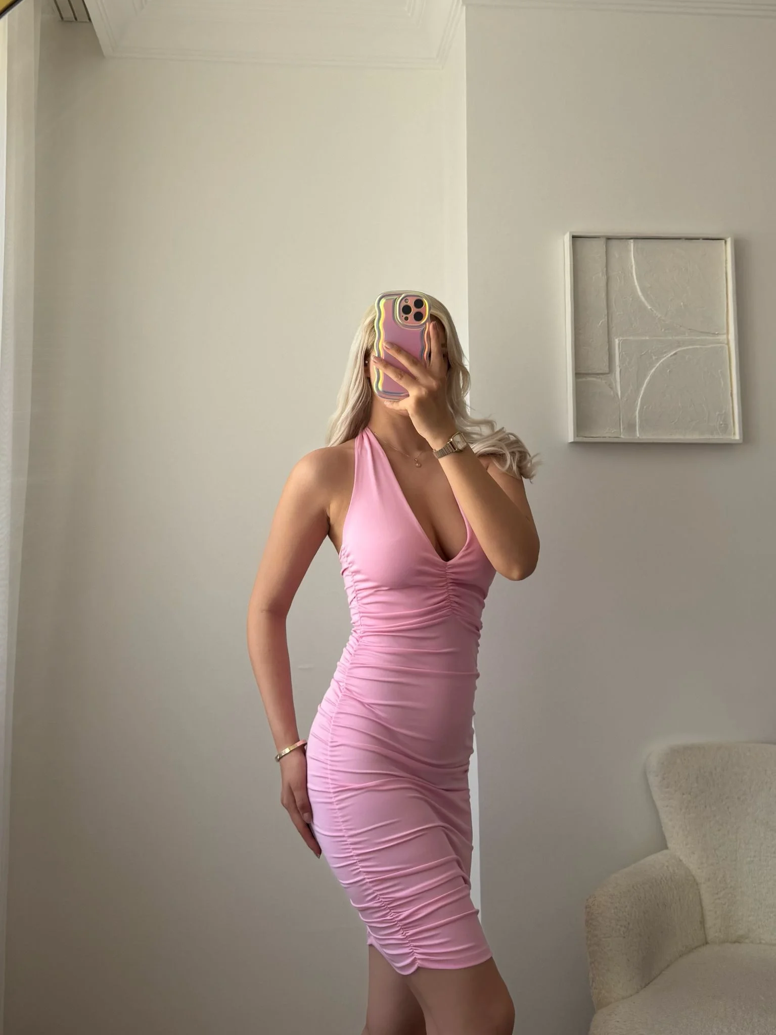 Boyun Bağlamalı Sırt Dekolte Büzgülü Elbise - PEMBE