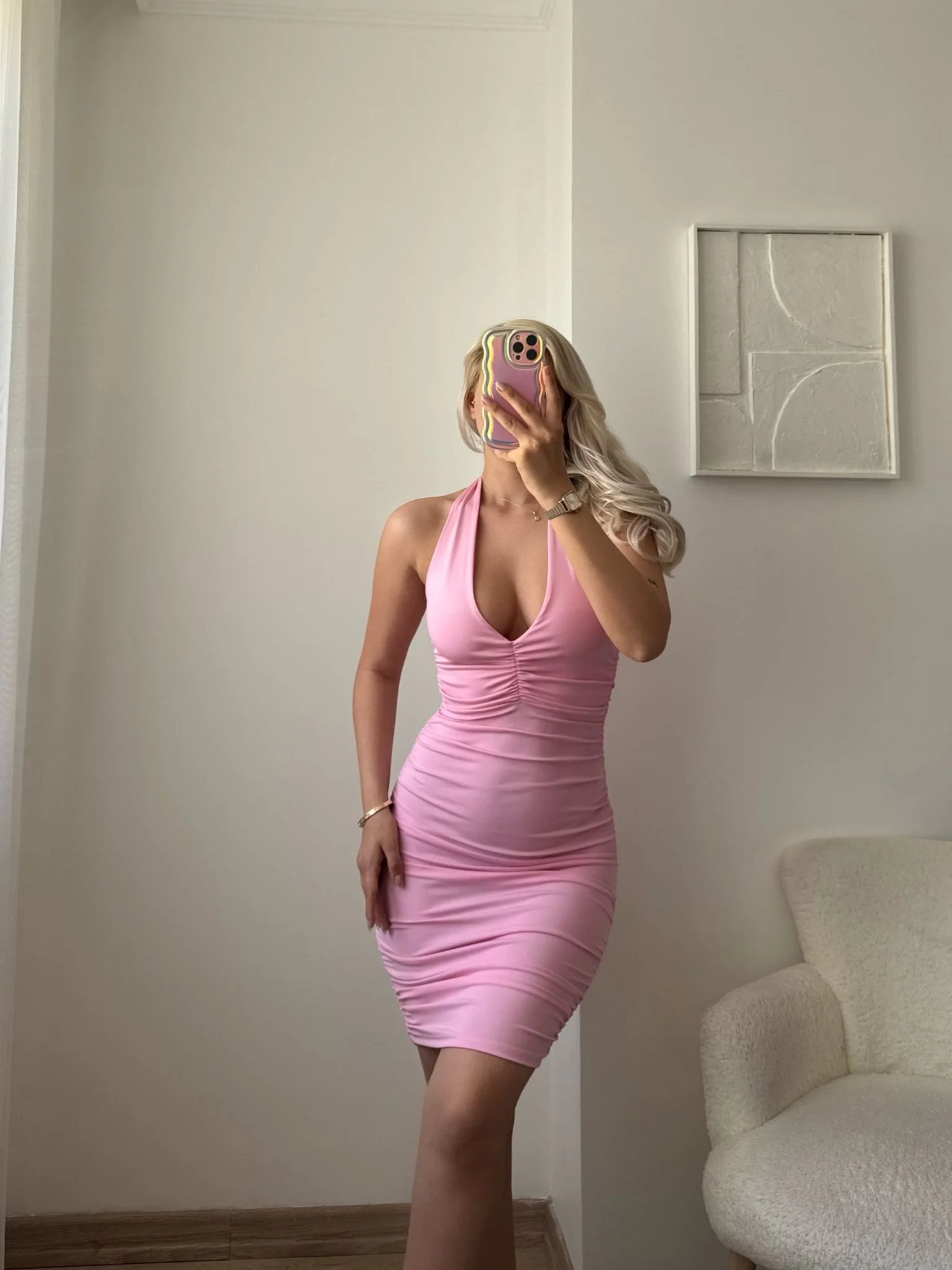 Boyun Bağlamalı Sırt Dekolte Büzgülü Elbise - PEMBE