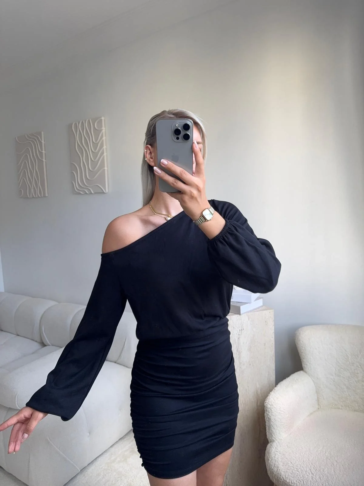 Drapeli Büzgülü Basic Elbise - SİYAH