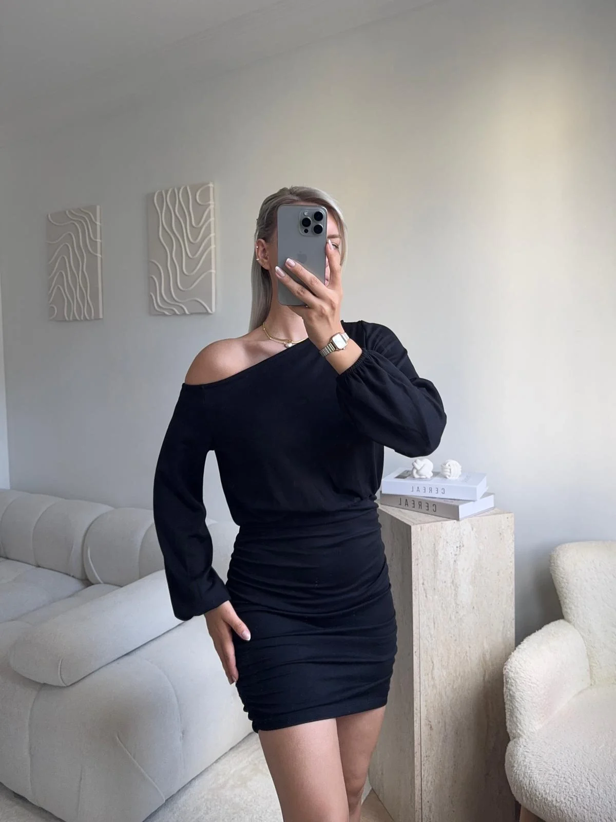 Drapeli Büzgülü Basic Elbise - SİYAH