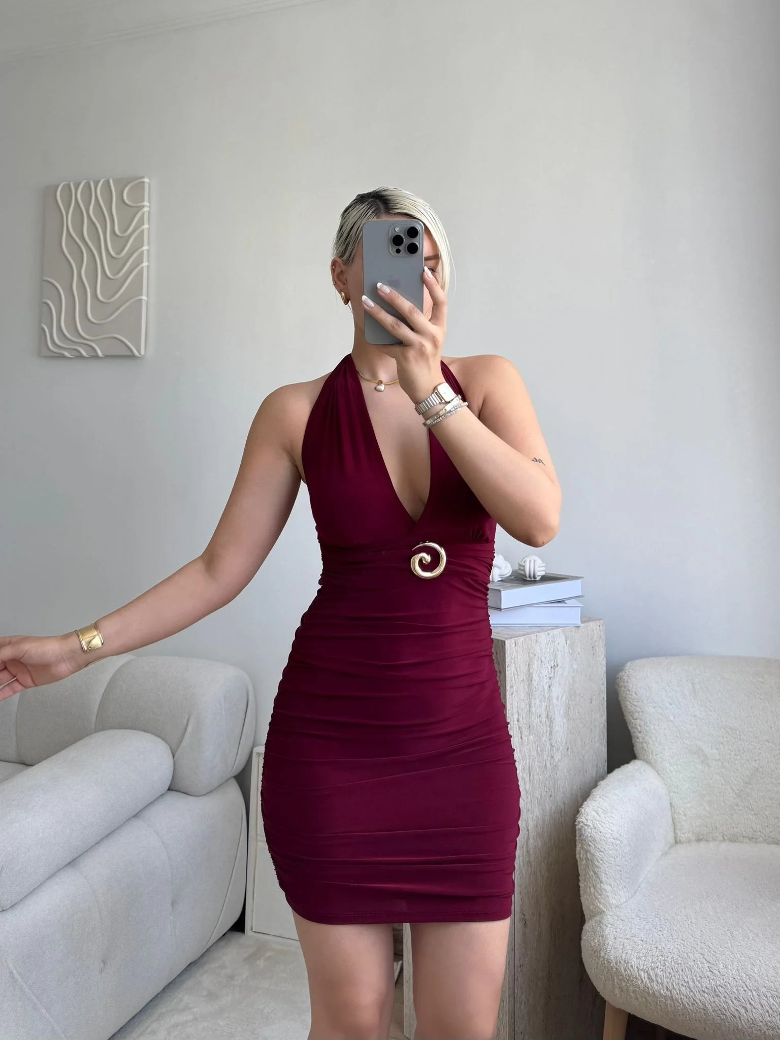 Boyun Bağlamalı Tokalı Elbise - BORDO