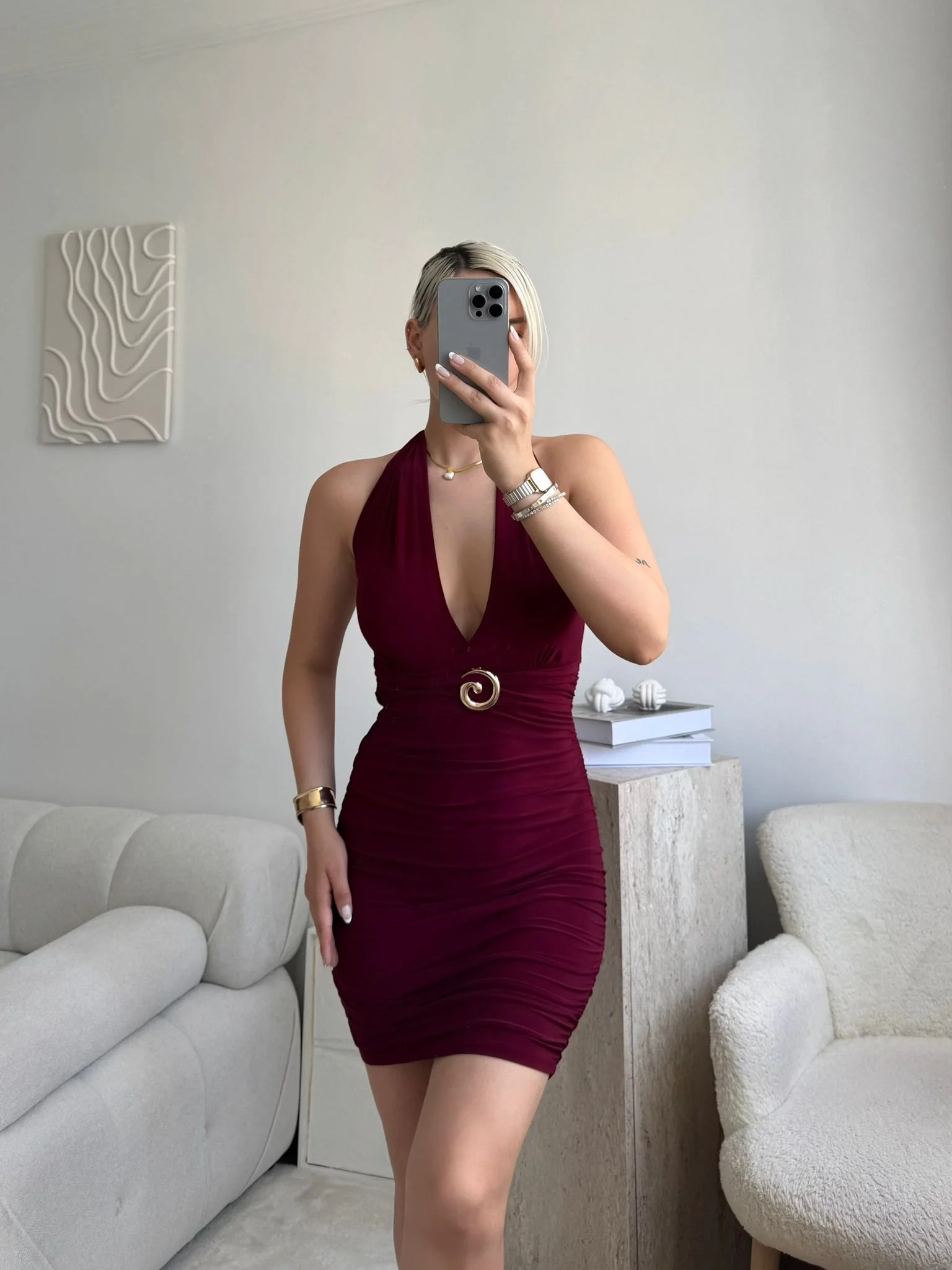 Boyun Bağlamalı Tokalı Elbise - BORDO