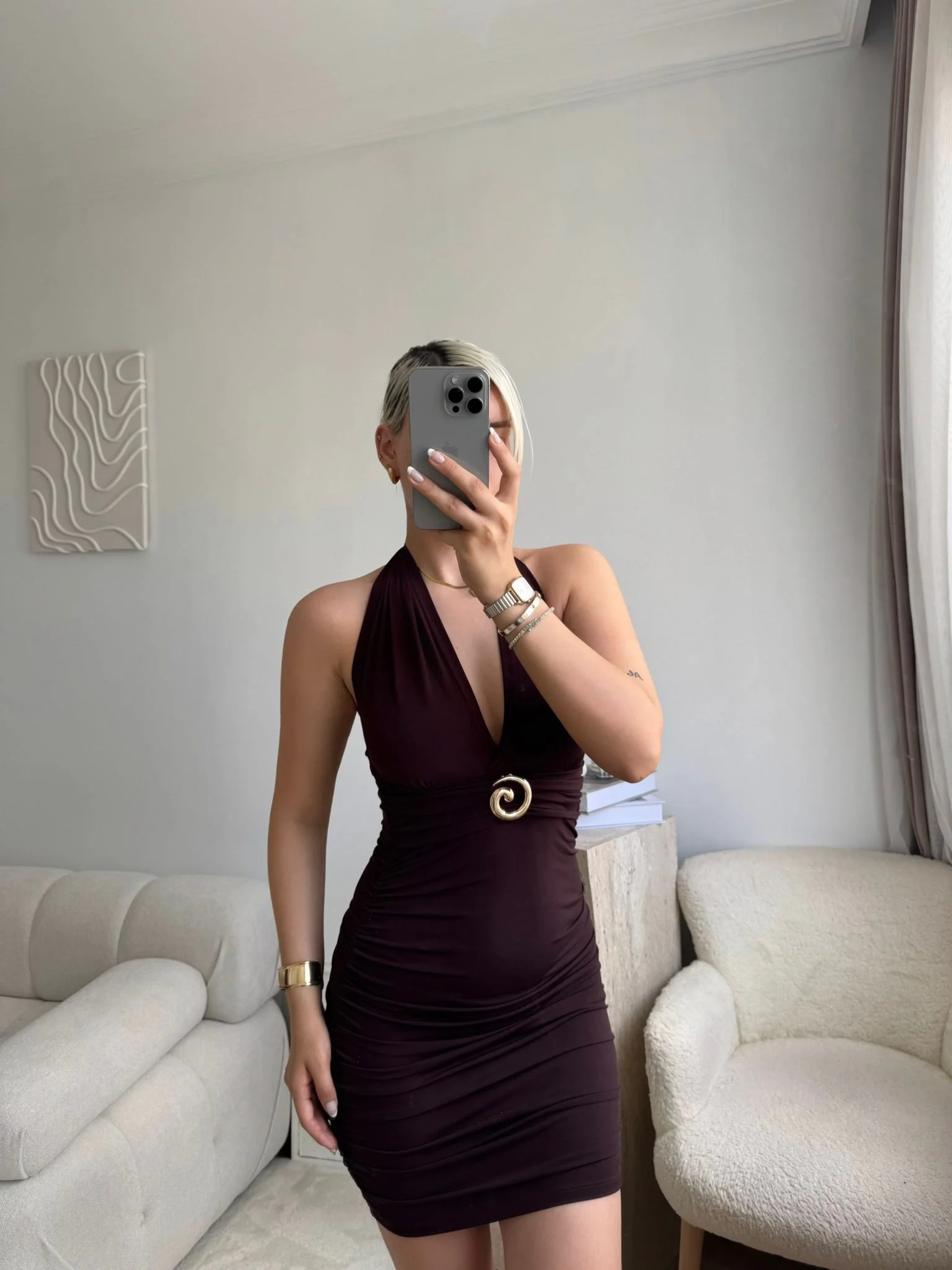 Boyun Bağlamalı Tokalı Elbise - KAHVE