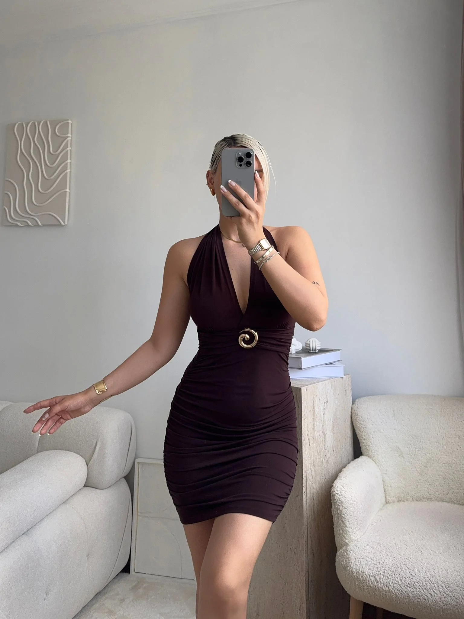 Boyun Bağlamalı Tokalı Elbise - KAHVE