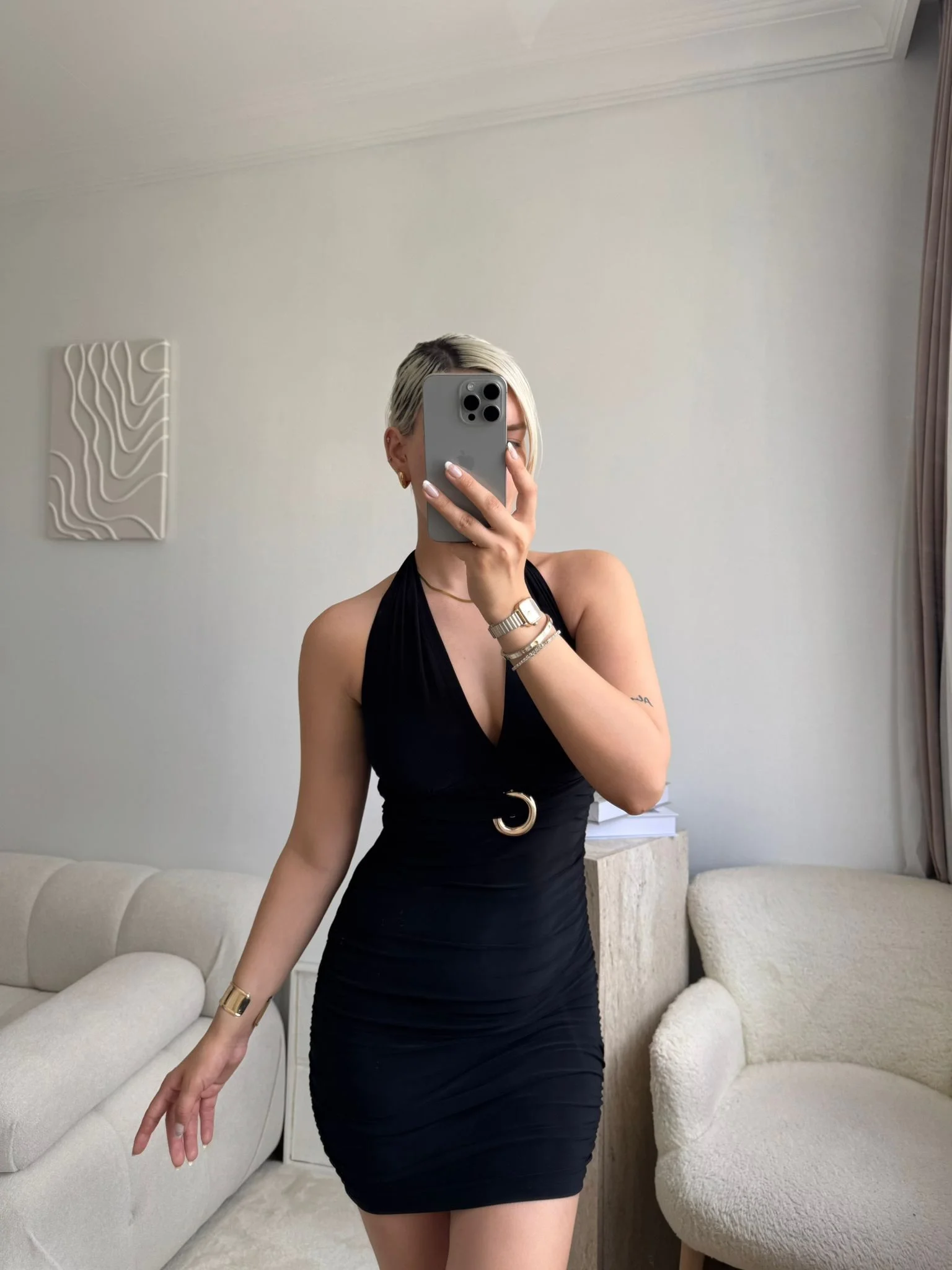 Boyun Bağlamalı Tokalı Elbise - SİYAH