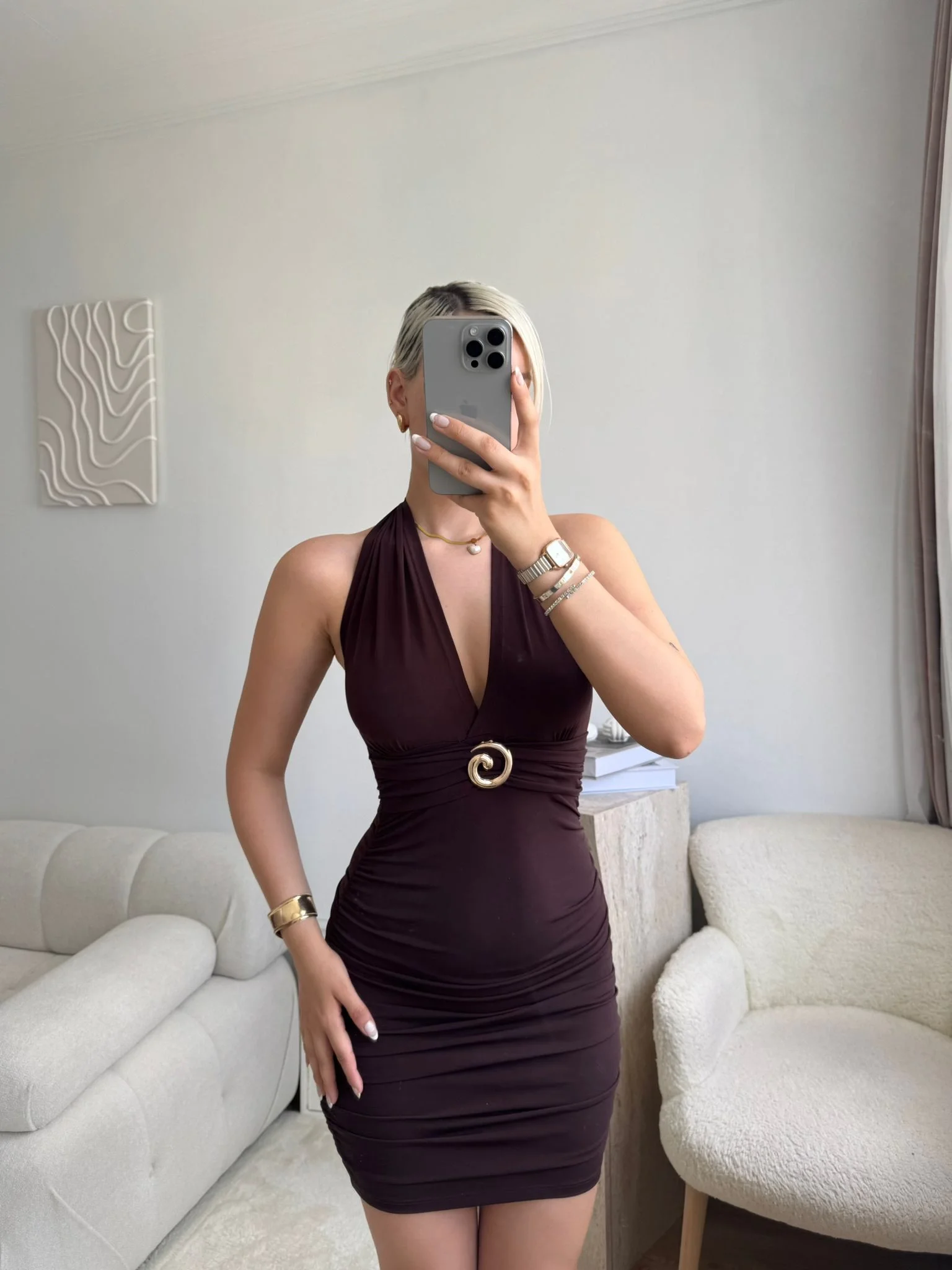 Boyun Bağlamalı Tokalı Elbise - SİYAH