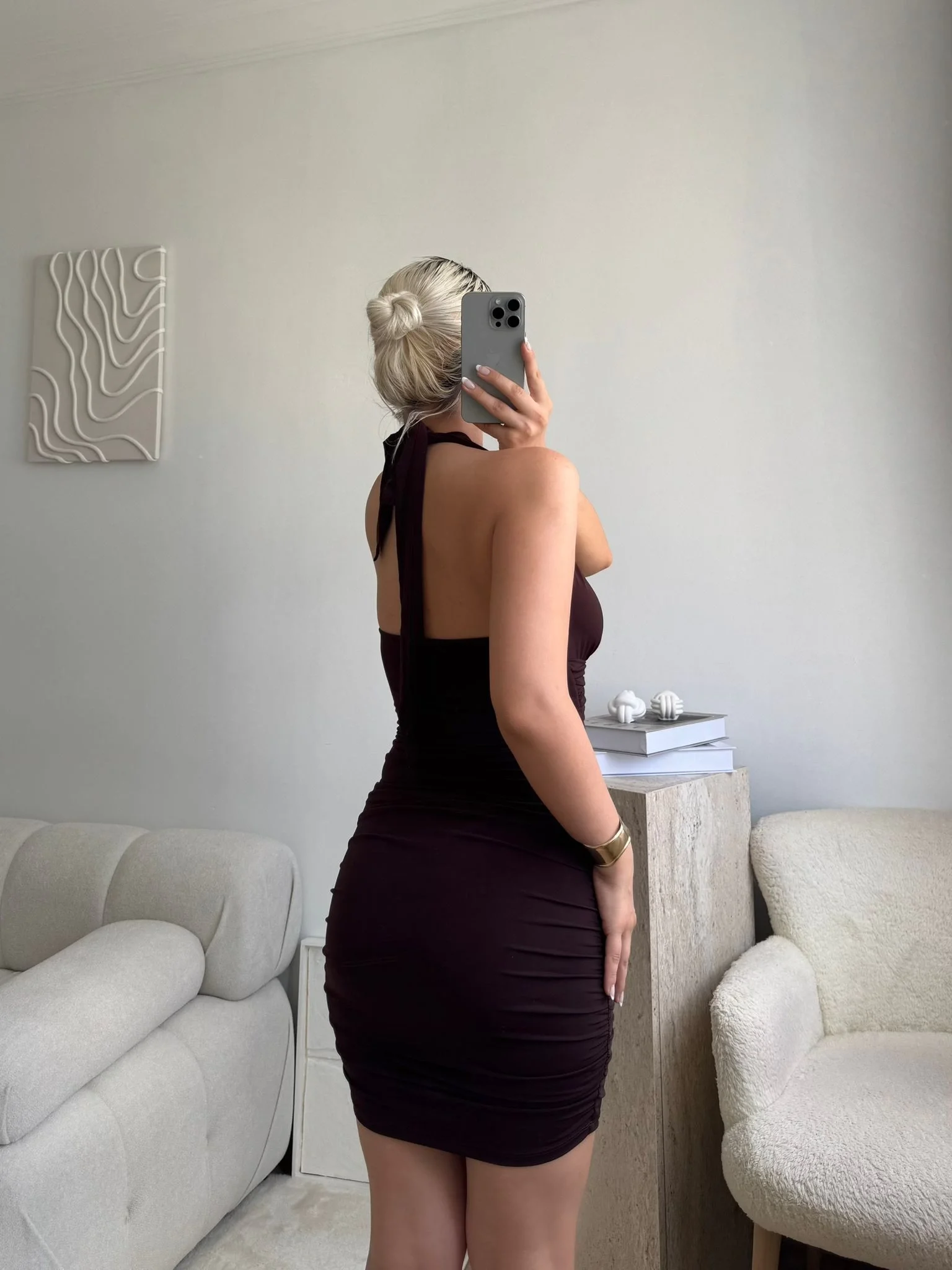 Boyun Bağlamalı Tokalı Elbise - SİYAH