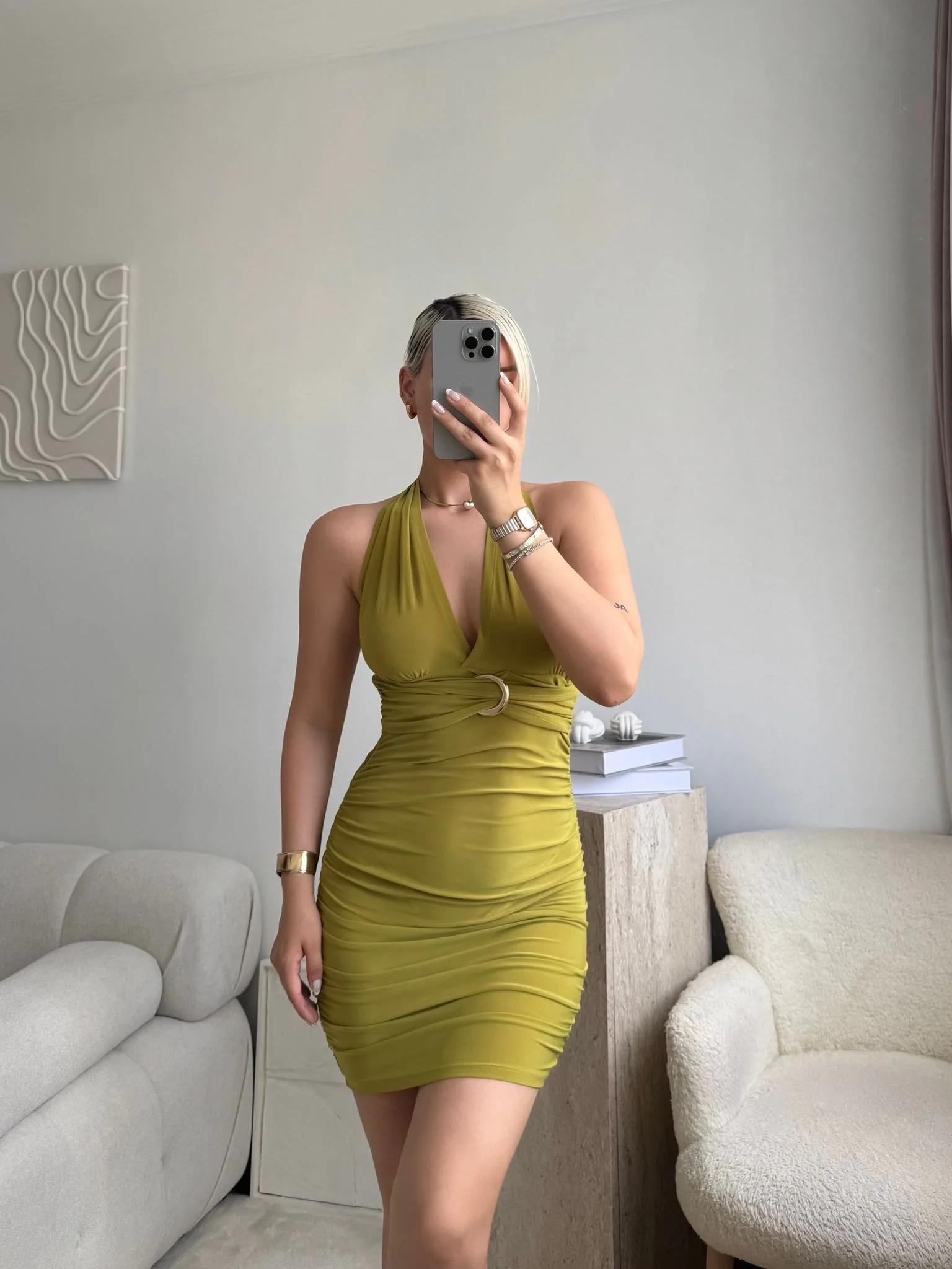 Boyun Bağlamalı Tokalı Elbise - YAĞ YEŞİLİ