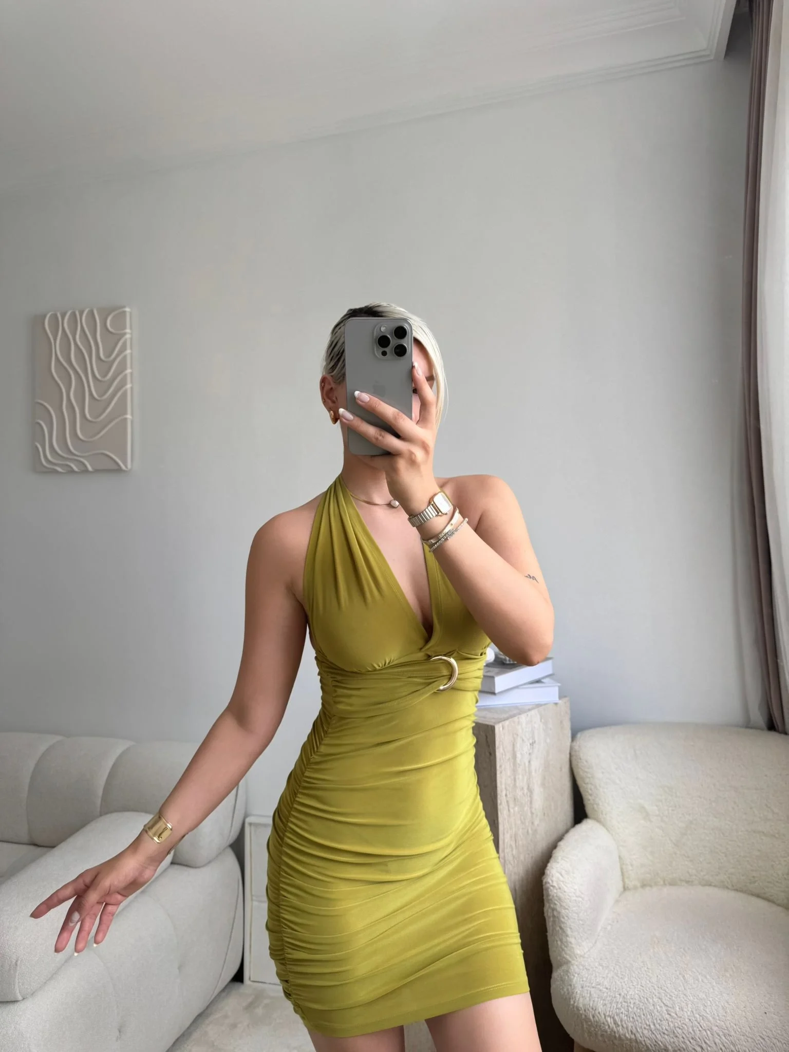 Boyun Bağlamalı Tokalı Elbise - YAĞ YEŞİLİ