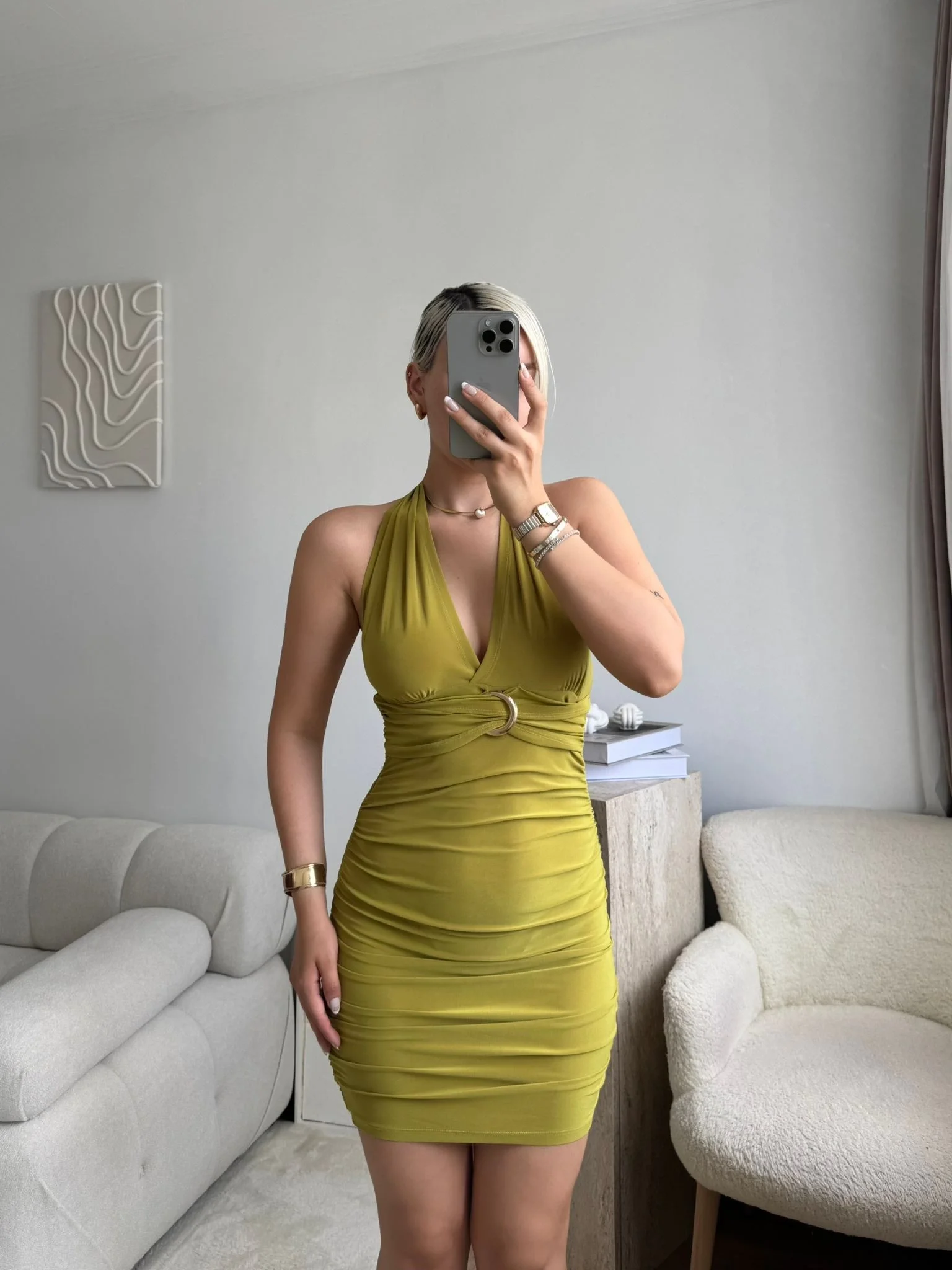 Boyun Bağlamalı Tokalı Elbise - YAĞ YEŞİLİ