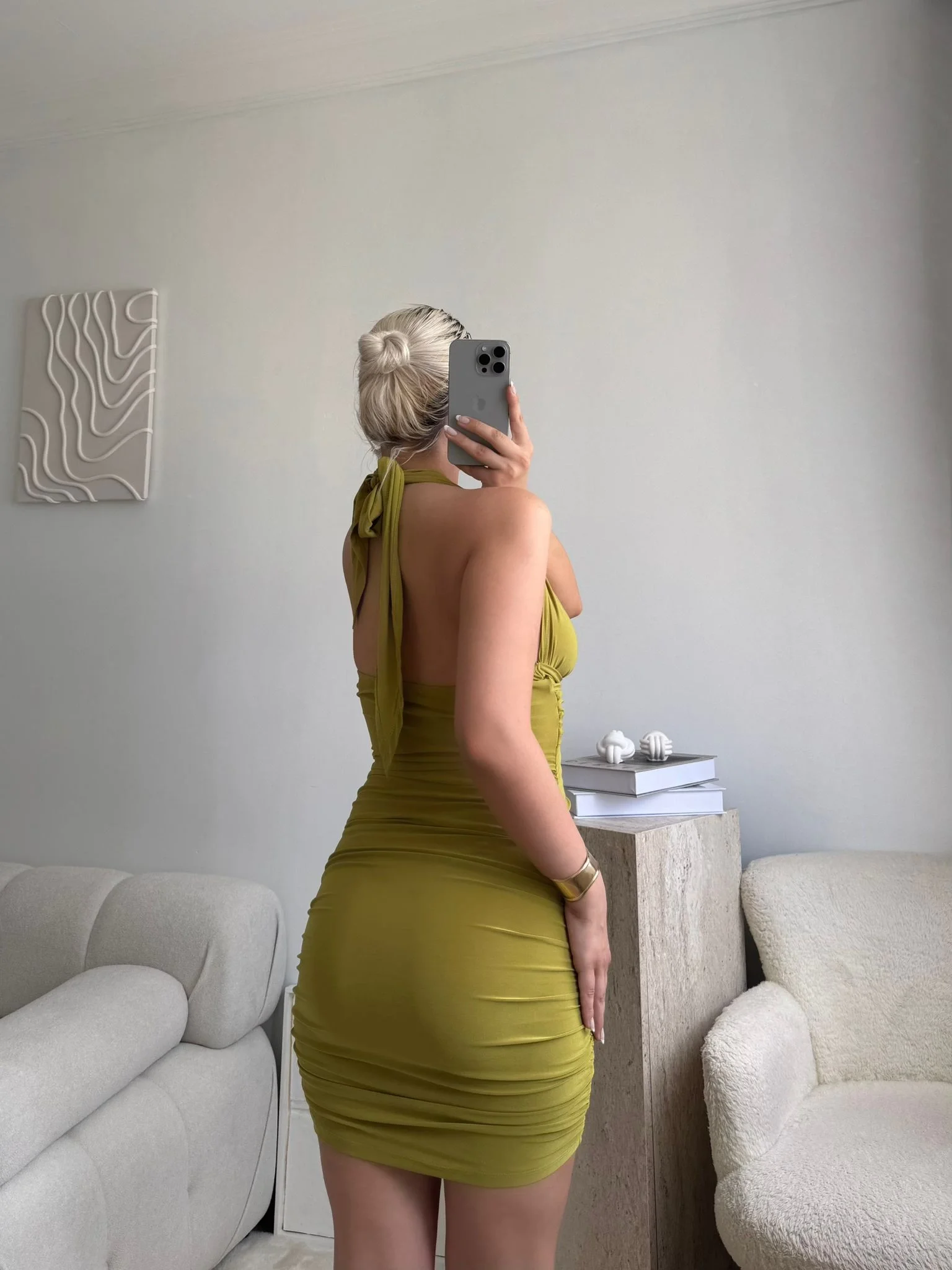 Boyun Bağlamalı Tokalı Elbise - YAĞ YEŞİLİ