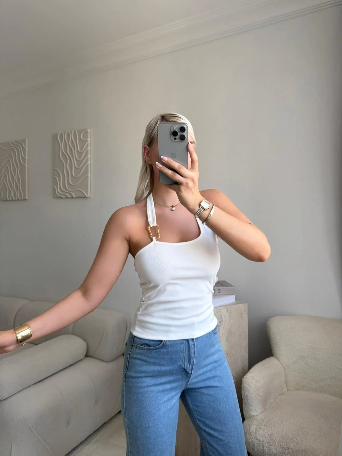 Boyun Geçmeli Aksesuar Crop - BEYAZ