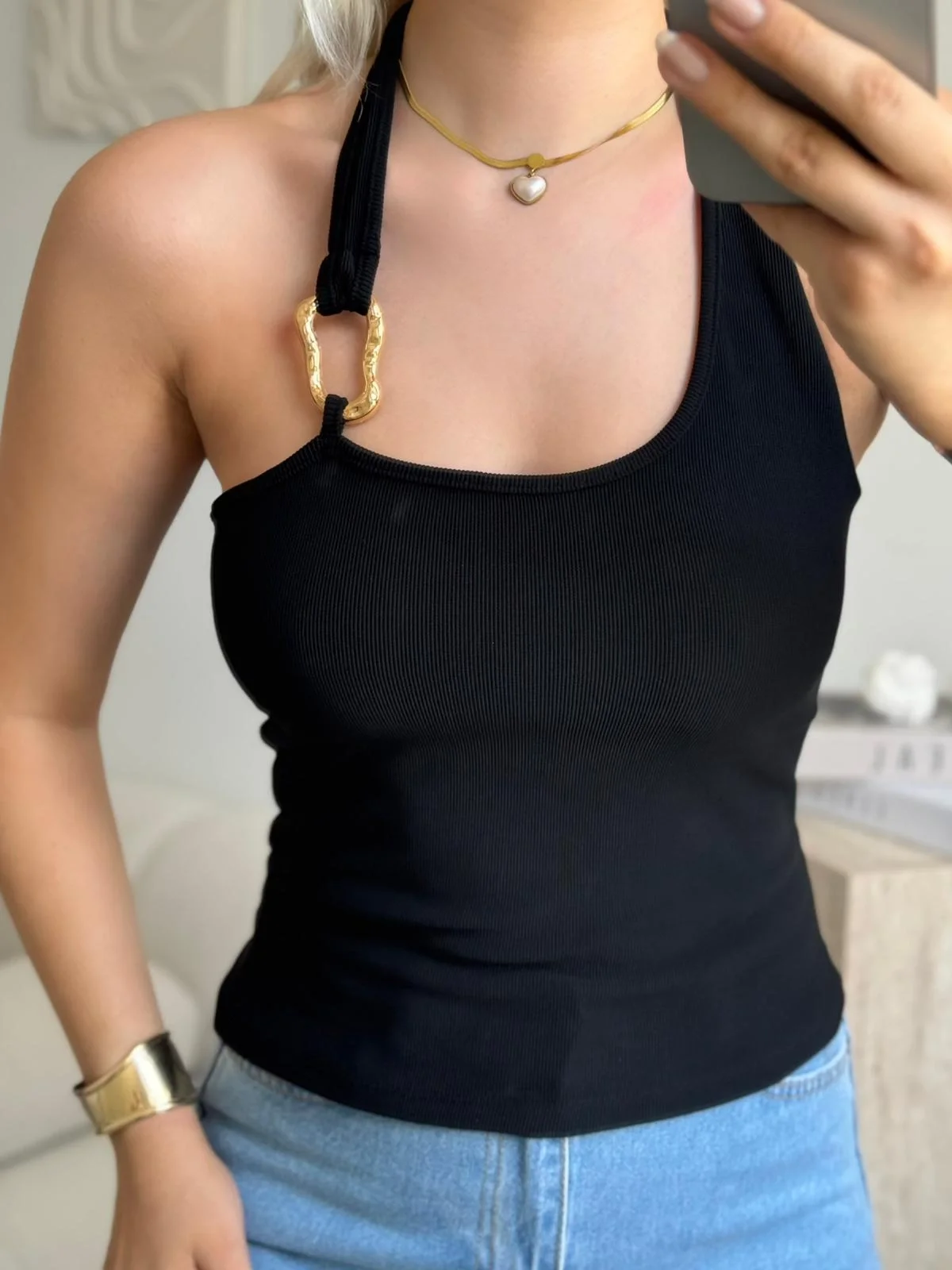 Boyun Geçmeli Aksesuar Crop - SİYAH