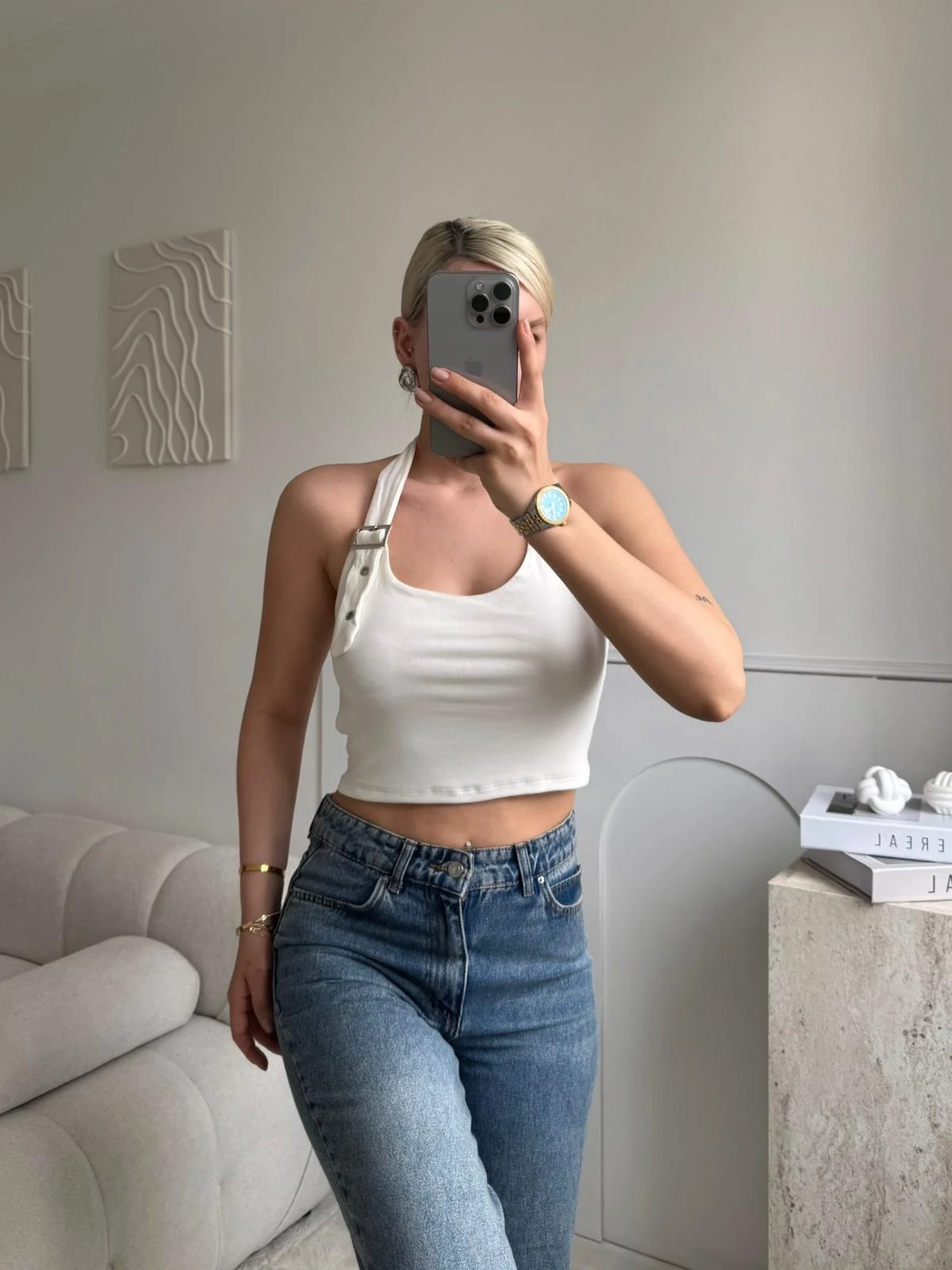 Boyun Kemerli Crop - BEYAZ